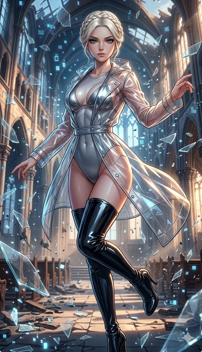 score_9, masterpiece, best quality, ultra-detailed, Set A: High-budget Anime Keyframe, Caucasian (strictly human ears) woman. Upper body close-up from the thighs up, character filling the screen for maximum presence. Dancing through a shattered glass