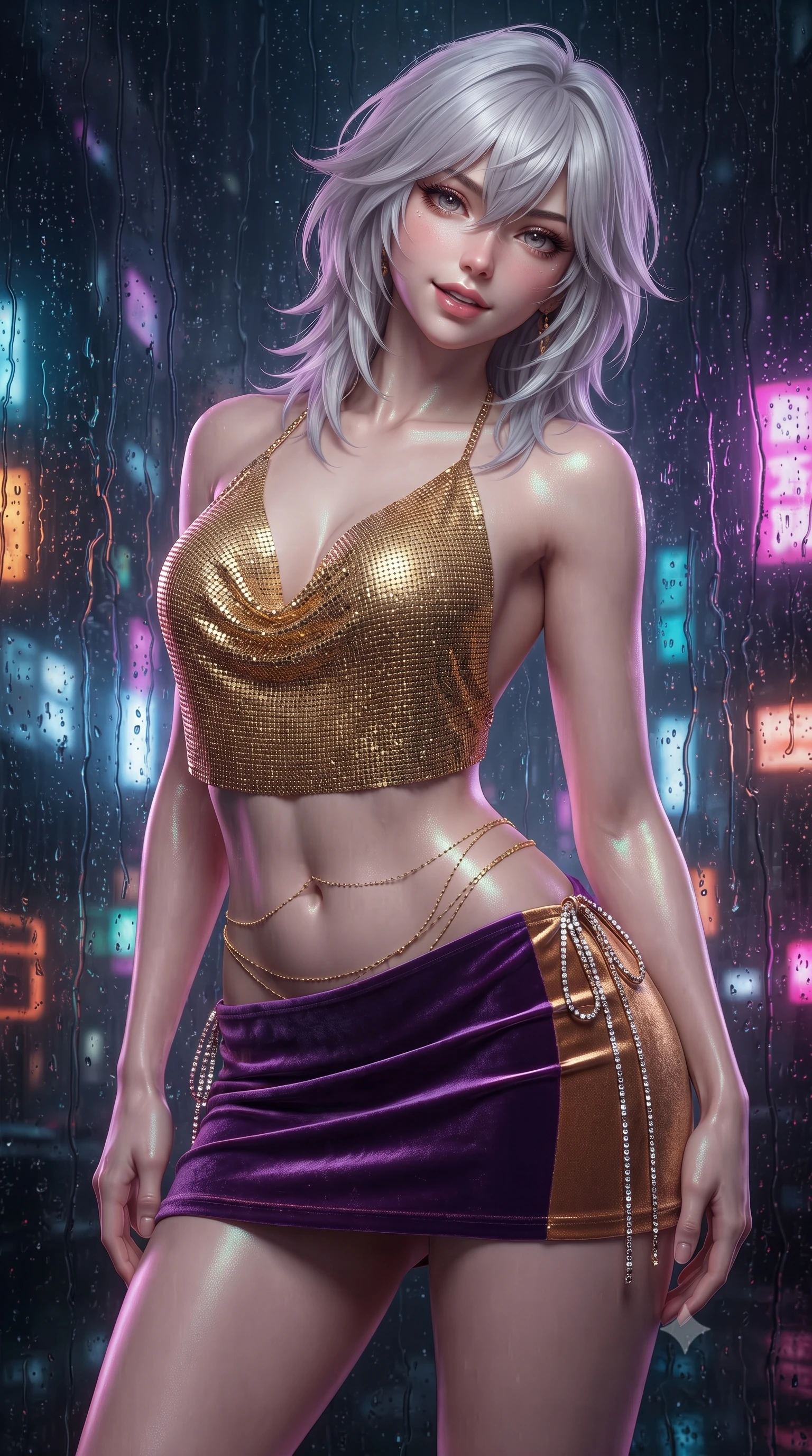 score_9, masterpiece, best quality, ultra-detailed, high-budget anime keyframe, editorial fashion photography, tasteful artistic composition, Japanese woman. close-up cowboy shot from the waist and thighs up, the character dominates the composition, filling the frame with her large presence. tilting her head with a teasing half-smile, running one hand slowly down the side of her hip in a flirtatious S-curve as ambient light caresses her silhouette while twisting her slender torso in an alluring S-curve, countless neon city lights refracting through water streams onto her flat midriff and curvy hips. The surrounding environment is rendered in vivid detail and crisp panoramic clarity: sharp rain rivulet refraction lines on exterior glass, black lacquer sill reflection clarity, and distant neon sign typography in deep focus. She has an exceptionally elegant, slender, and willowy female figure with an ultra-slim waist, flat toned midriff, narrow ribcage, and sculpted feminine hips creating an alluring, slim hourglass silhouette without bulk. sharp v-shaped jawline, high-bridge nose, sparkling eyes with hypnotic seductive depth, thick curled eyelashes, glossy parted lips with a natural dewy peach sheen, alluring bedroom-eyes with an enchanting coquettish smile, exuding magnetic siren charisma and sophisticated glamour, flawlessly proportioned anatomical accuracy, strict slender model proportions, natural body alignment, perfectly sculpted long slender limbs, ultra-slim waistline, clean dynamic posture without body distortion. wearing a liquid gold chainmail cowl halter top paired with an ultra-low-rise velvet mini skirt and side rhinestone ties in royal amethyst purple and gilded bronze, crafted from fluid liquid silk satin that clings smoothly to every curve with a dewy sheen, accented with a dainty gold belly chain resting across her flat midriff and curving hips, the second-skin tailored fabric adhering flawlessly to her sculpted flat midriff and slender torso, emphasizing her long leg lines and perfectly proportioned willowy build. bathed in dynamic shifting neon light transmitted through rain-streaked exterior glass panes. ultra-reflective glossy finish, specular highlights, rich textural contrasts, high-contrast stereoscopic depth, volumetric dynamic lighting, 2k, ultra detail, master piece, 9:16 ratio