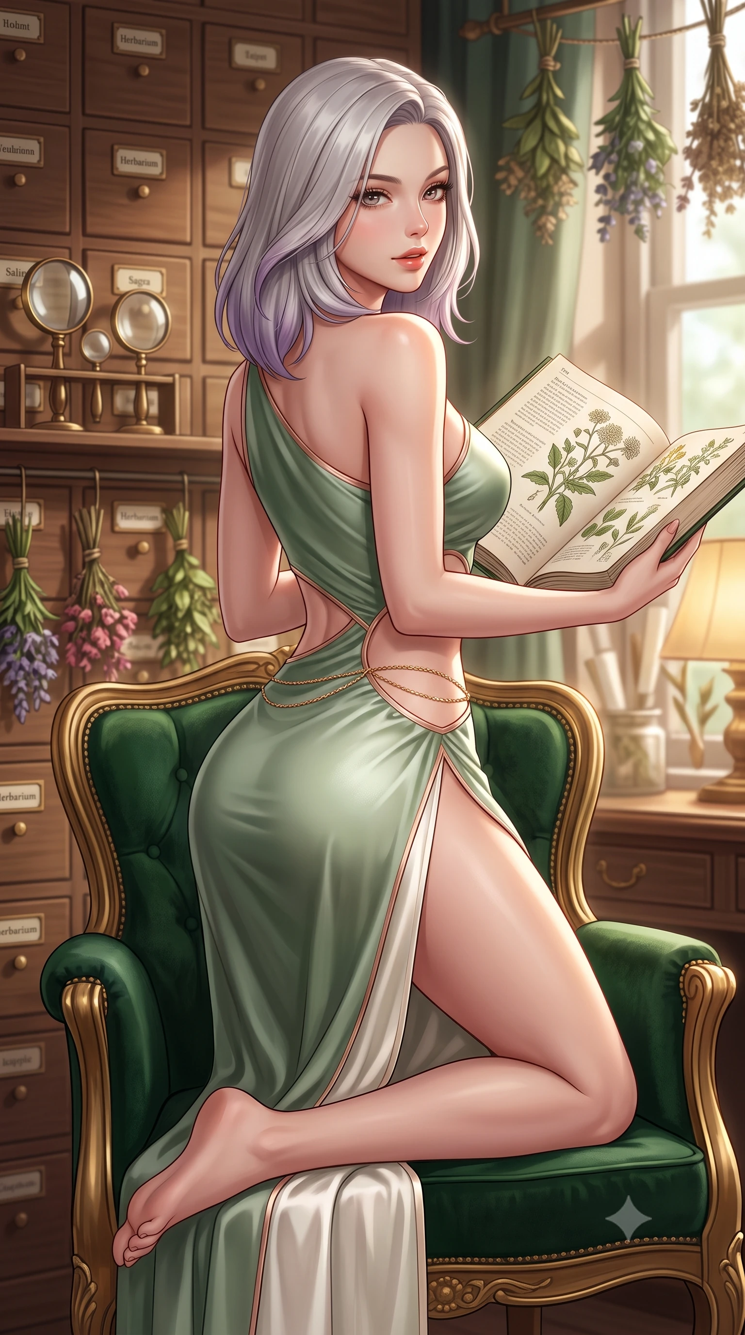 score_9, masterpiece, best quality, ultra-detailed, high-budget anime keyframe, semi-realistic 3D game render, editorial fashion photography, tasteful artistic composition, Caucasian woman. close-up cowboy shot from the waist and thighs up, the character dominates the composition, filling the frame with her large presence. posing in an alluring rear three-quarter angle, looking over a bare shoulder with parted glossy lips, her hips cocked back to highlight her slim hourglass curve while perched sideways on an antique velvet armchair with legs crossed, holding a botanical illustration book with effortless intellectual allure. The background shows a soft-focus hundreds of labelled wooden herbarium drawers, vintage brass magnifying glasses, and drying herbs blurred into walnut, sage, and parchment bokeh. She has an exceptionally elegant, slender, and willowy female figure with an ultra-slim waist, flat toned midriff, narrow ribcage, and sculpted feminine hips creating an alluring, slim hourglass silhouette without bulk. sharp v-shaped jawline, high-bridge nose, sparkling eyes with hypnotic seductive depth, thick curled eyelashes, glossy parted lips with a natural dewy peach sheen, alluring bedroom-eyes with an enchanting coquettish smile, exuding magnetic siren charisma and sophisticated glamour, flawlessly proportioned anatomical accuracy, strict slender model proportions, natural body alignment, perfectly sculpted long slender limbs, ultra-slim waistline, clean dynamic posture without body distortion. wearing an asymmetric one-shoulder liquid jersey nymph dress with dramatic hip-high slit and waist cutout in botanical sage green and pure pearlescent ivory with rose trims, crafted from fluid liquid silk satin that clings smoothly to every curve with a dewy sheen, accented with a dainty gold belly chain resting across her flat midriff and curving hips, the liquid-tight tailored fabric clinging flawlessly to her narrow waist and rounded feminine hips, emphasizing every millimeter of her sculpted slim hourglass curves without any bulky heaviness. bathed in warm 3000K desk lamp glow mixed with soft natural window daylight. highly saturated vibrant anime colors, detailed shading with soft gradients, rich glossy textures, high-contrast stereoscopic depth, volumetric dynamic lighting, master piece, 9:16 ratio