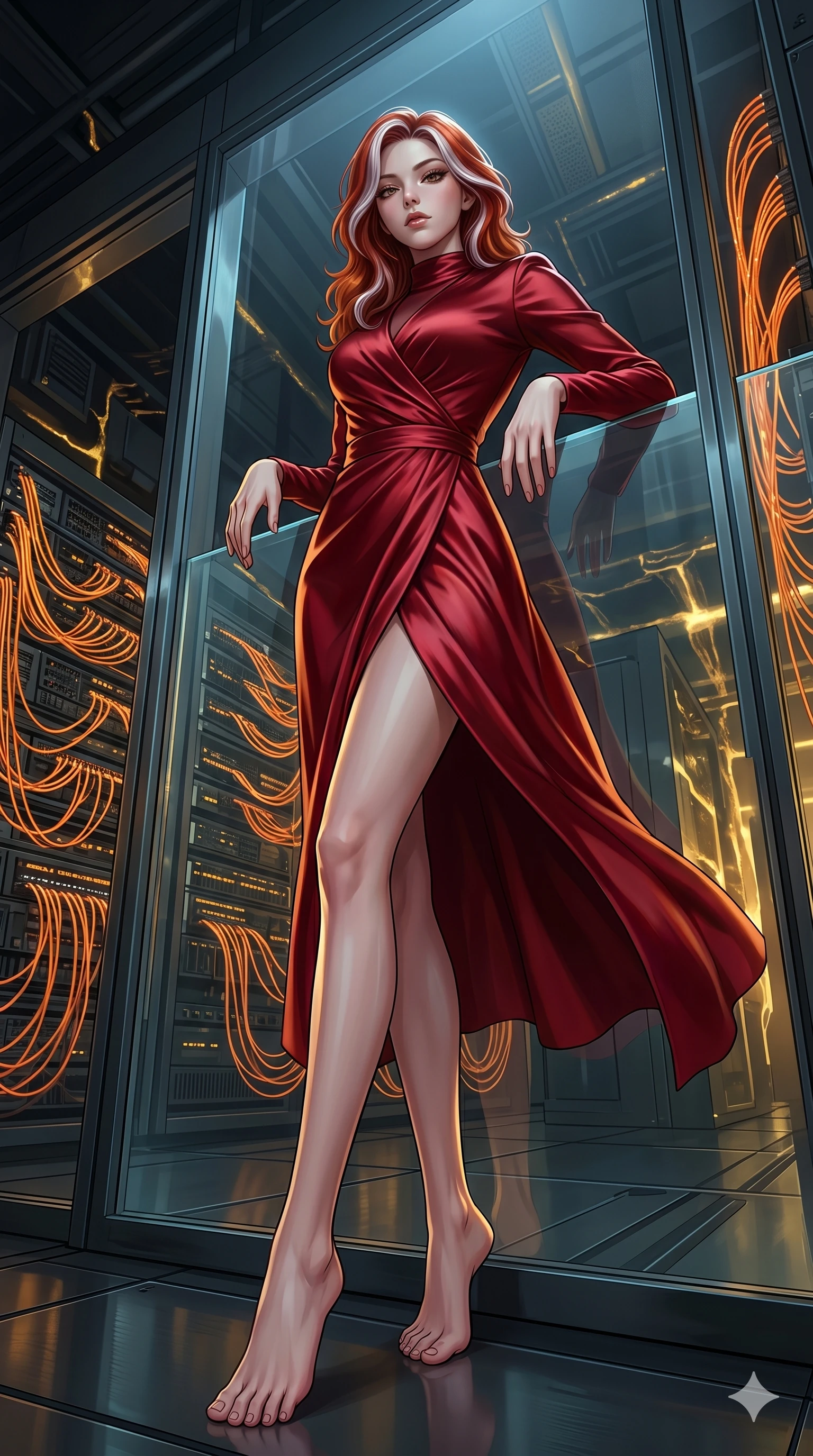 score_9, masterpiece, best quality, ultra-detailed, high-budget anime keyframe, editorial fashion photography, tasteful artistic composition, Caucasian woman, strictly human ears. low angle full-body shot from head to toe showing her feet, filling the entire 9:16 vertical frame with her statuesque presence, stretching her vertical silhouette. resting her hands on the glass, looking at the camera with an air of quiet self-assurance in a cyberpunk data hub filled with rows of pulsing orange fiber cables (Code-P18-058). She has an absolutely perfect 8-heads proportion, an exceptionally tall and slender female figure with impossibly long slender legs and an ultra-slim waist. V-shaped jawline, high-bridge nose, intricate jewel-like eyes with depth, thick eyelashes, glossy lips with a natural sheen. wearing a long-sleeved high-neck wrap dress in deep red satin. golden light emanating from the mineral veins, creating a dramatic chiaroscuro effect. 2k, ultra detail, master piece, 9:16 ratio