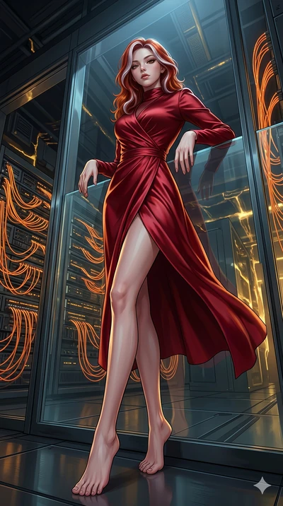 score_9, masterpiece, best quality, ultra-detailed, high-budget anime keyframe, editorial fashion photography, tasteful artistic composition, Caucasian woman, strictly human ears. low angle full-body shot from head to toe showing her feet, filling th