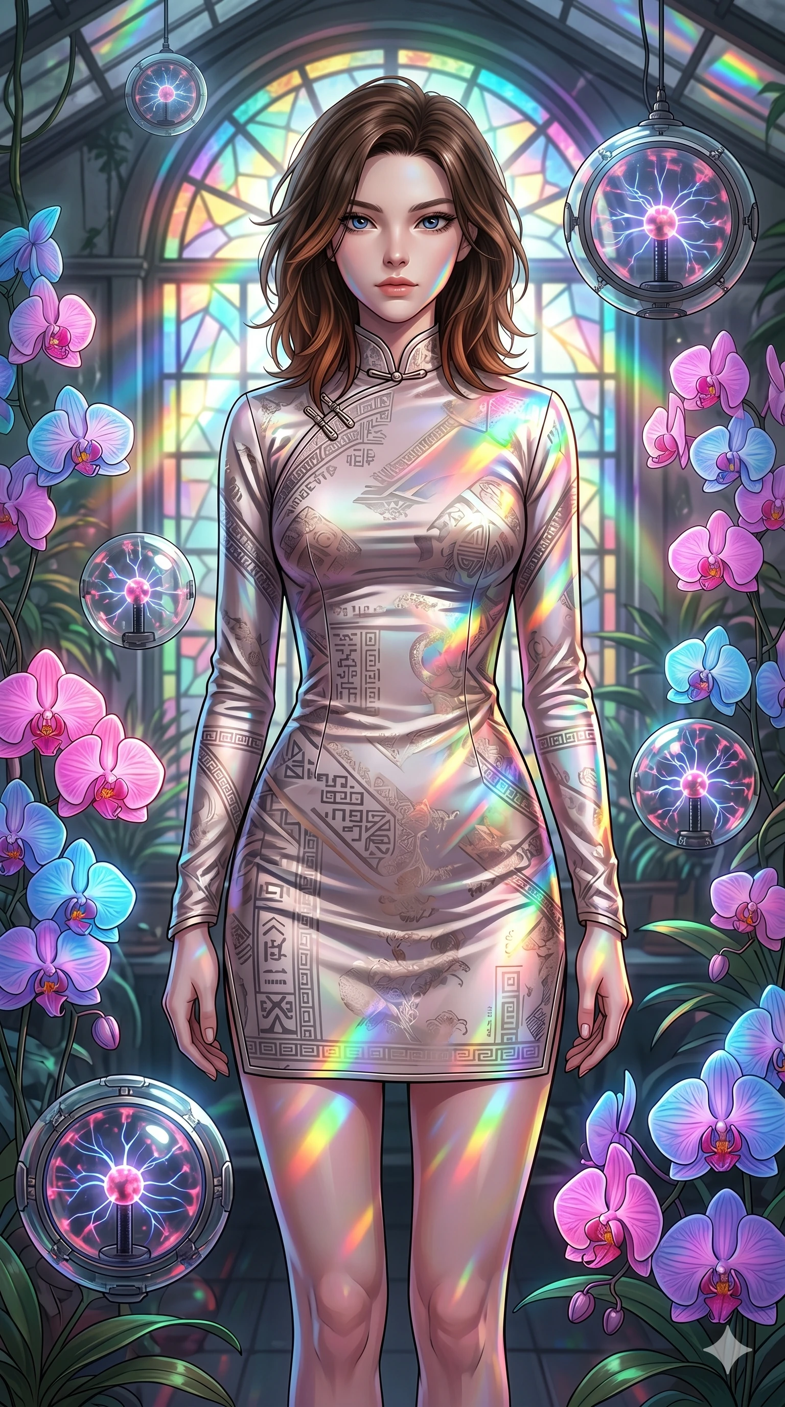 score_9, masterpiece, best quality, ultra-detailed, high-budget anime keyframe, editorial fashion photography, tasteful artistic composition, Korean woman. cowboy shot from the thighs up, character and outfit filling the frame for maximum editorial presence. standing among tropical neon orchids, looking at the viewer with an air of superiority inside a retro-futuristic greenhouse with levitating glass spheres (Code-P17-054). She has an absolutely perfect 8-heads proportion, an exceptionally tall and slender female figure with impossibly long slender legs and an ultra-slim waist. V-shaped jawline, high-bridge nose, intricate jewel-like eyes with depth, thick eyelashes, glossy lips with a natural sheen. wearing a high-neck silk cheongsam with long sleeves. prismatic rainbow light refracting through the stained-glass window, coloring her skin. 2k, ultra detail, master piece, 9:16 ratio