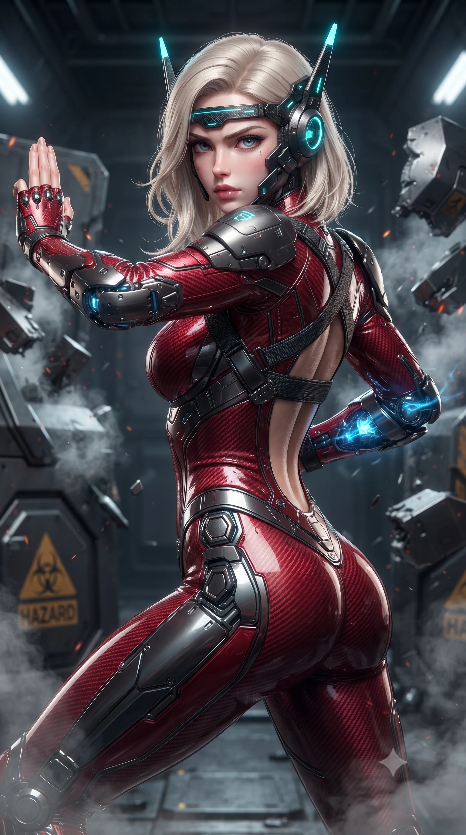 score_9, masterpiece, best quality, ultra-detailed, high-budget anime keyframe, editorial fashion photography, tasteful artistic composition, Caucasian woman. close-up cowboy shot from the waist and thighs up, the character dominates the composition, filling the frame with her large presence. twisting her upper body in a dynamic S-curve martial arts stance, cybernetic elbow dampers glowing with blue energy as she aims a focused palm strike while pivoting dynamically through escaping coolant steam as her heavy carbon shoulder guards smash through steel barricades. The surrounding environment is rendered in vivid detail and crisp panoramic clarity. sharp heavy modular cuirass plate bevels, glowing hazard symbol stencils, and dented steel bulkheads in deep focus. She has an exceptionally elegant, slender, and willowy female figure with an ultra-slim waist, a gracefully sculpted slender torso, toned flat midriff, and a refined slim silhouette. sharp v-shaped jawline, high-bridge nose, intricate jewel-like eyes with depth, thick eyelashes, glossy lips with a natural sheen, fierce and resolute heroine expression, flawlessly proportioned anatomical accuracy, strict slender model proportions, natural body alignment, perfectly sculpted long slender limbs, ultra-slim waistline, clean dynamic posture without body distortion. wearing a lightweight carbon-fiber tactical sensory headpiece with glowing cyan ear-antennae and an ultra-thin forehead HUD brow-band, paired with an ultra-sleek high-gloss carbon-composite exoskeleton suit featuring kinetic shock-absorbing shin guards and flexible limb articulation joints in deep battle-scarred crimson carbon weave with specular dark chrome accents, made of liquid carbon-jersey fabric accentuating every curve of her tall, slender model proportions, complemented by criss-cross back harness straps highlighting her completely bare spine, the form-contouring material adhering flawlessly to her sculpted flat midriff and slender torso, emphasizing her long leg lines and perfectly proportioned willowy build. surrounded by an unstoppable, royal, and fiercely triumphant lone survivor empress aura. ultra-reflective glossy finish, specular highlights, dark metallic sheen, high-contrast stereoscopic depth, volumetric dynamic lighting, 2k, ultra detail, master piece, 9:16 ratio