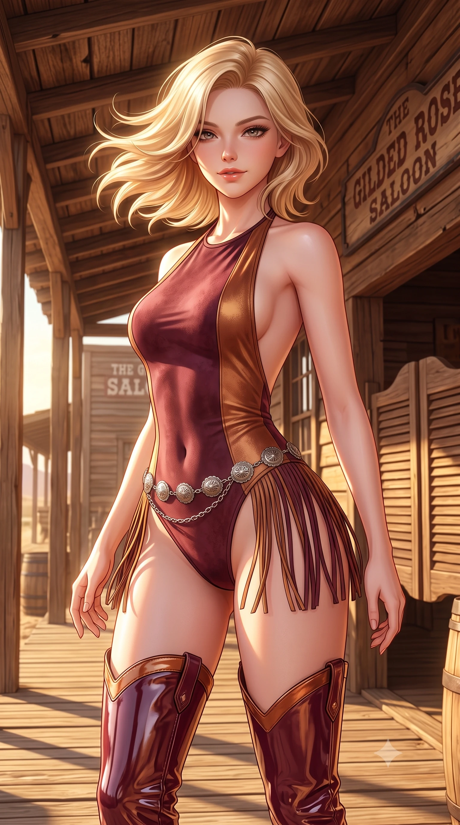 score_9, masterpiece, best quality, ultra-detailed, high-budget anime keyframe, semi-realistic 3D game render, editorial fashion photography, tasteful artistic composition, Caucasian woman. close-up cowboy shot from the waist and thighs up, the character dominates the composition, filling the frame with her large presence. turning slowly with an enchanting smoldering smile, her glossy hair tossing in the breeze as her hips angle gracefully in a captivating contrapposto while twisting her slender torso in an alluring contrapposto stance, dry desert breeze molding her form-fitting outfit to her hourglass curves. The surrounding environment is rendered in vivid detail and crisp panoramic clarity: sharp rough-sawn cedar plank grain, rusted iron square nails, and weathered saloon sign lettering in deep focus. She has an exceptionally elegant, slender, and willowy female figure with an ultra-slim waist, flat toned midriff, narrow ribcage, and sculpted feminine hips creating an alluring, slim hourglass silhouette without bulk. sharp v-shaped jawline, high-bridge nose, sparkling eyes with hypnotic seductive depth, thick curled eyelashes, glossy parted lips with a natural dewy peach sheen, alluring bedroom-eyes with an enchanting coquettish smile, exuding magnetic siren charisma and sophisticated glamour, flawlessly proportioned anatomical accuracy, strict slender model proportions, natural body alignment, perfectly sculpted long slender limbs, ultra-slim waistline, clean dynamic posture without body distortion. wearing a slinky backless halterneck suede leotard with fringe accents along the side hips and thigh-high cowboy boots in smoky bordeaux wine and gilded copper, crafted from wet-look high-gloss vinyl fabric with dazzling specular surface reflections, accented with an intricate silver concho waist chain resting loosely on her curvy hips, the form-contouring silhouette accentuating her sculpted flat midriff, narrow delicate ribcage, and gracefully curvy hips with intoxicating allure. bathed in late afternoon golden sunlight filtering horizontally under the timber porch eaves. highly saturated vibrant anime colors, detailed shading with soft gradients, rich glossy textures, high-contrast stereoscopic depth, volumetric dynamic lighting, master piece, 9:16 ratio