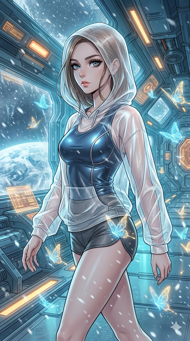 score_9, masterpiece, best quality, ultra-detailed, high-budget anime movie keyframe, cinematic anime lighting, intricate line art, Caucasian (strictly human ears) anime girl. Upper body filling screen focusing on her alluring features and slim-fit silhouette. walking through a blizzard in a futuristic orbital station surrounded by glowing butterflies. She has an absolutely perfect 8-heads proportion, an exceptionally tall and slender female figure with an ultra-slim waist and impossibly long slender legs. sharp v-shaped jawline, high-bridge nose, intricate jewel-like eyes, thick eyelashes, glossy lips. Wearing premium athleisure set with a metallic-finish compression top, high-cut yoga shorts that accentuate her long legs, and a sheer oversized hoodie. The scene is illuminated by dramatic atmospheric lighting and vibrant color palettes. 2k, ultra detail, master piece, 9:16 ratio