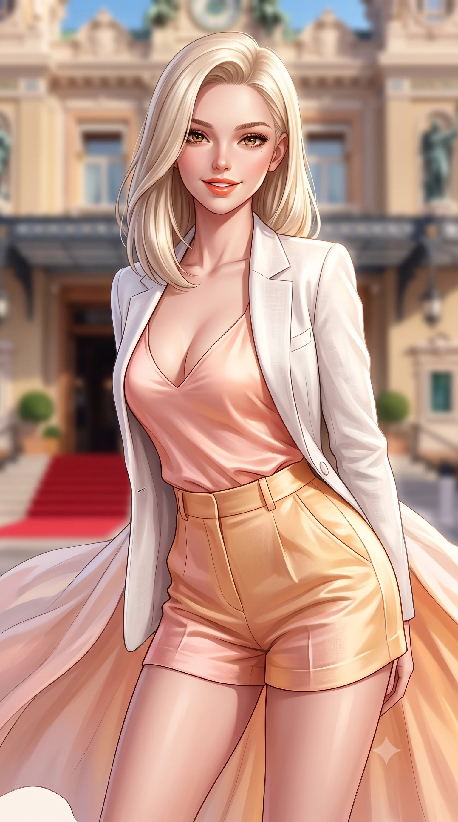 score_9, masterpiece, best quality, ultra-detailed, high-budget anime keyframe, semi-realistic 3D game render, editorial fashion photography, tasteful artistic composition, Caucasian woman. close-up cowboy shot from the waist and thighs up, the character dominates the composition, filling the frame with her large presence. leaning forward with playful sun-kissed grace while arching her lower back to accentuate her curvy hips, looking into the camera with a radiant teasing smile and alluring bedroom-eyes while twisting her slender torso in an alluring contrapposto stance, her high-fashion resort gown catching the evening sea breeze. The composition keeps background elements in soft focus with dreamy creamy bokeh. the grand belle-époque palace hotel facade and red carpet entrance softened in prestigious Riviera shallow focus. She has an exceptionally elegant, slender, and willowy female figure with an ultra-slim waist, flat toned midriff, narrow ribcage, and sculpted feminine hips creating an alluring, slim hourglass silhouette without bulk. sharp v-shaped jawline, high-bridge nose, sparkling amber-hazel eyes with depth, long lush eyelashes, glossy sun-kissed lips with a warm coral glaze, radiant teasing smile with sensual sunlit bedroom-eyes, exuding effortless old-money elegance and intoxicating sun-drenched allure, flawlessly proportioned anatomical accuracy, strict slender model proportions, natural body alignment, perfectly sculpted long slender limbs, ultra-slim waistline, clean dynamic posture without body distortion. wearing a breezy white linen tailored blazer worn over a plunging-V camisole and high-waisted tailored linen shorts in soft peach blossom pink and warm apricot gold, made of smooth fluid silk satin with a delicate pearlescent golden sheen, finished with criss-cross back satin straps highlighting her graceful shoulder blades, the liquid-tight tailored fabric clinging flawlessly to her narrow waist and rounded feminine hips, emphasizing every millimeter of her sculpted slim hourglass curves without any bulky heaviness. illuminated by grand marble terrace bounce and sharp platinum rim lights sculpting her razor-sharp jawline, narrow waist, and curvy hips. highly saturated vibrant anime colors, detailed shading with soft gradients, rich glossy textures, high-contrast stereoscopic depth, volumetric dynamic lighting, master piece, 9:16 ratio
