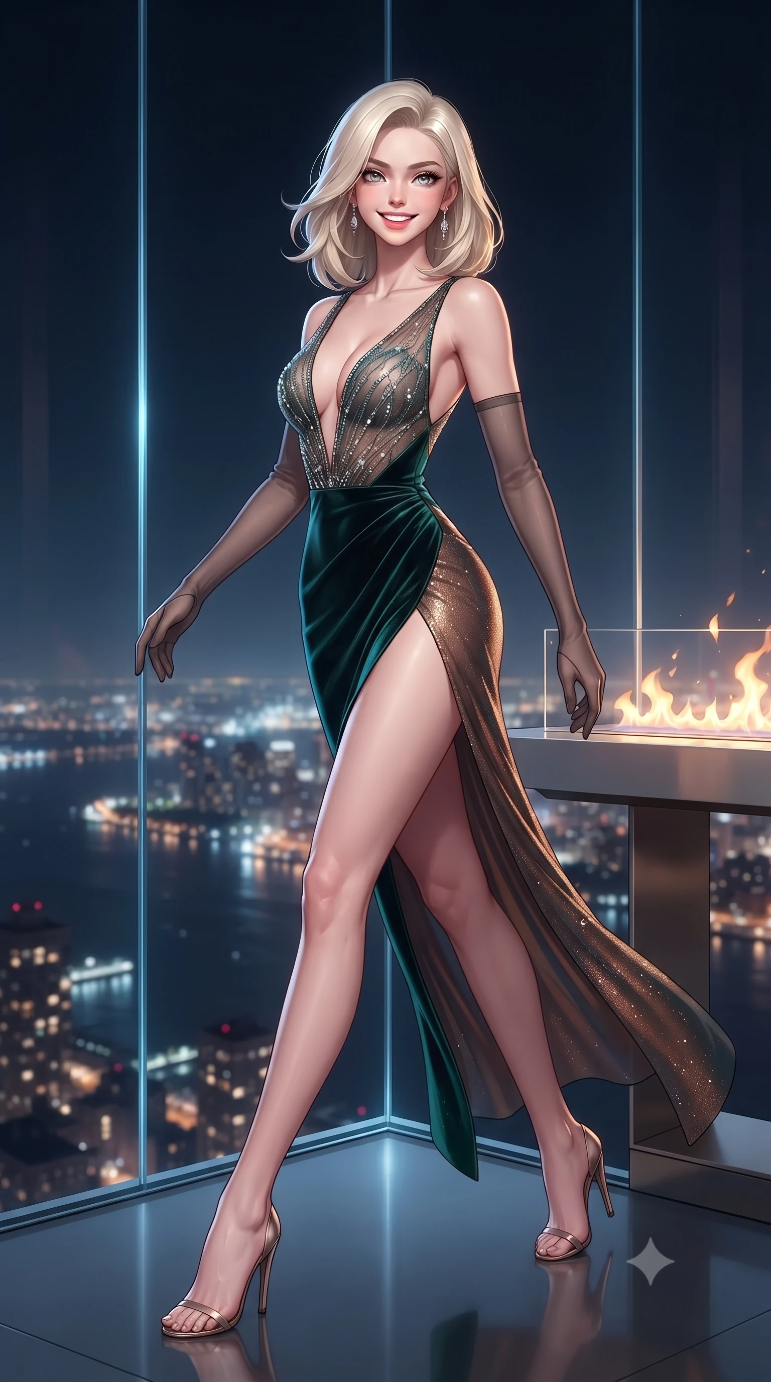 score_9, masterpiece, best quality, ultra-detailed, high-budget anime keyframe, editorial fashion photography, tasteful artistic composition, Caucasian woman. low angle full-body shot from head to toe showing her feet, filling the entire 9:16 vertical frame with her statuesque presence, stretching her vertical silhouette. stepping forward in a confident stride, her long slender legs and curvaceous hips creating a dynamic, sweeping vertical line while standing poised at the frameless glass corner suspended above the Hudson River, arching her back as midnight cruise ships and New Jersey skyline glitter below. The background shows a soft-focus minimalist ethanol flame ribbon softened in ultra-modern skyscraper aerie shallow focus. She has an exceptionally tall and slender model-like 8.5-heads proportion, an ultra-slim waist, a flat toned midriff, narrow delicate ribcage, and beautifully sculpted feminine hips creating a graceful, slim hourglass silhouette without any bulky heaviness, with impossibly long slender legs. sharp v-shaped jawline, high-bridge nose, intricate jewel-like sparkling eyes with depth, thick eyelashes, glossy parted lips with a natural peach sheen, bright cheerful beaming smile with an enchanting and coquettish sensual glint, exuding both youthful cute charm and seductive allure, flawlessly proportioned anatomical accuracy, strict slender model proportions, natural body alignment, perfectly sculpted long slender limbs, ultra-slim waistline, clean dynamic posture without body distortion. wearing a plunge-front sheer mesh cocktail gown with delicate crystal beading and an ultra-daring hip-high leg slit in deep emerald velvet and shimmering bronze, made of fluid liquid jersey with seamless sculpting hold and smooth contours, complemented by sheer opera-length evening gloves tracing her slender arms, the second-skin tailored fabric adhering flawlessly to her sculpted flat midriff and slender torso, emphasizing her long leg lines and perfectly proportioned willowy build. illuminated by floor reflection bounce and sharp platinum-cyan rim lights sculpting her cheekbones, flat midriff, and curvaceous hips. ultra-reflective glossy finish, specular highlights, rich textural contrasts, high-contrast stereoscopic depth, volumetric dynamic lighting, 2k, ultra detail, master piece, 9:16 ratio