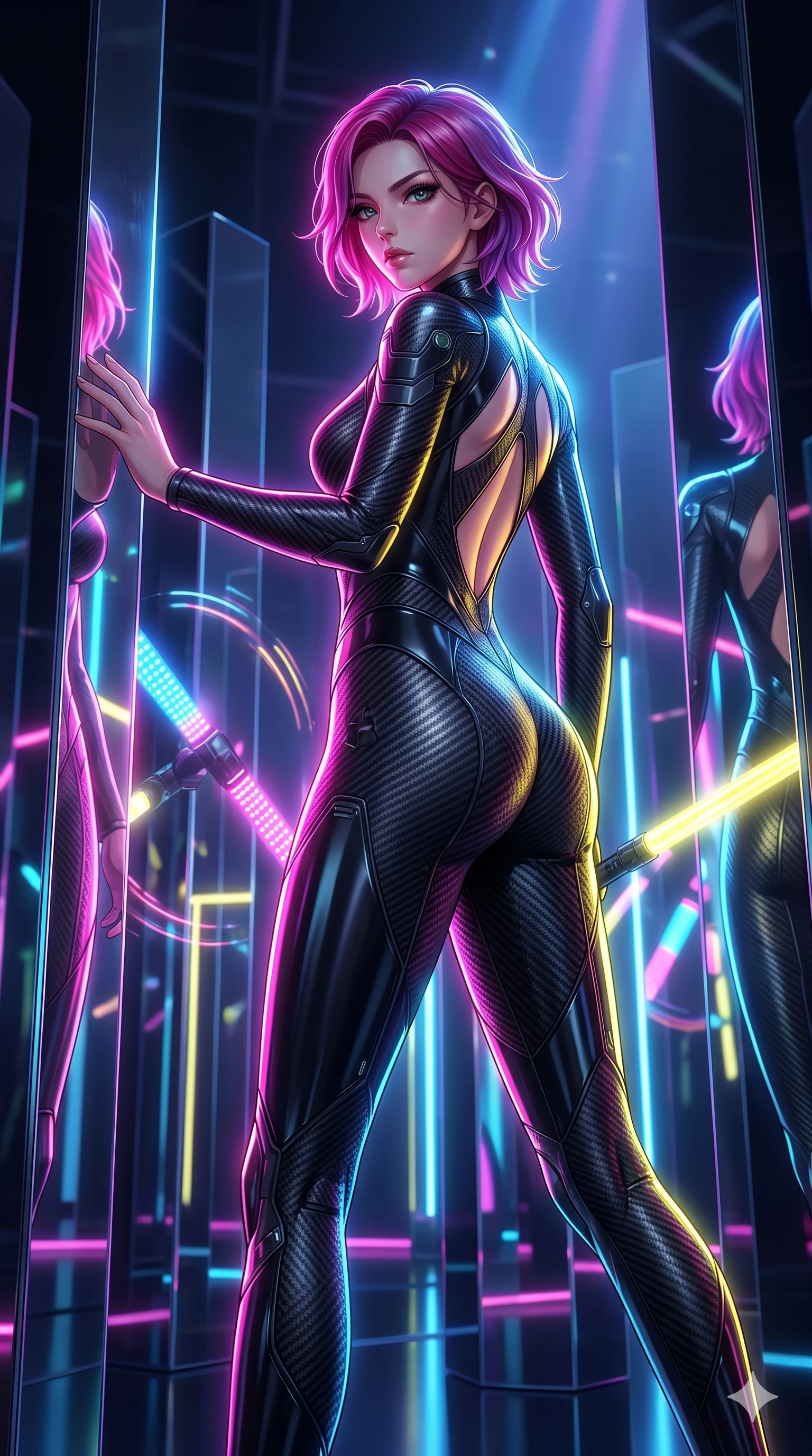 score_9, masterpiece, best quality, ultra-detailed, high-budget anime keyframe, Japanese woman. upper body close-up from the thighs up, character filling the screen for maximum presence. navigating a kinetic light-sculpture mirror maze, passing between floating chromium mirror pillars and rotating LED sticks. She has an absolutely perfect 8-heads proportion, an exceptionally tall and slender female figure with impossibly long slender legs and an ultra-slim waist. V-shaped jawline, high-bridge nose, intricate jewel-like eyes with depth, thick eyelashes, glossy lips with a natural sheen.. wearing a second-skin carbon fiber combat suit, featuring matte carbon fiber and glossy latex panels with elegant slitted cutouts on the upper back. bathed in brilliant cinematic volumetric lighting and intense neon rim light highlighting her slender form. 2k, ultra detail, master piece, 9:16 ratio