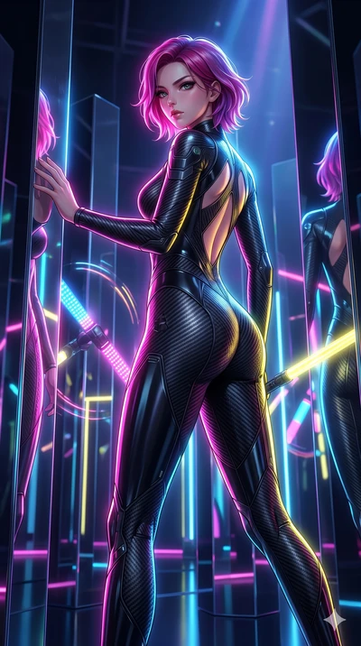 score_9, masterpiece, best quality, ultra-detailed, high-budget anime keyframe, Japanese woman. upper body close-up from the thighs up, character filling the screen for maximum presence. navigating a kinetic light-sculpture mirror maze, passing betwe