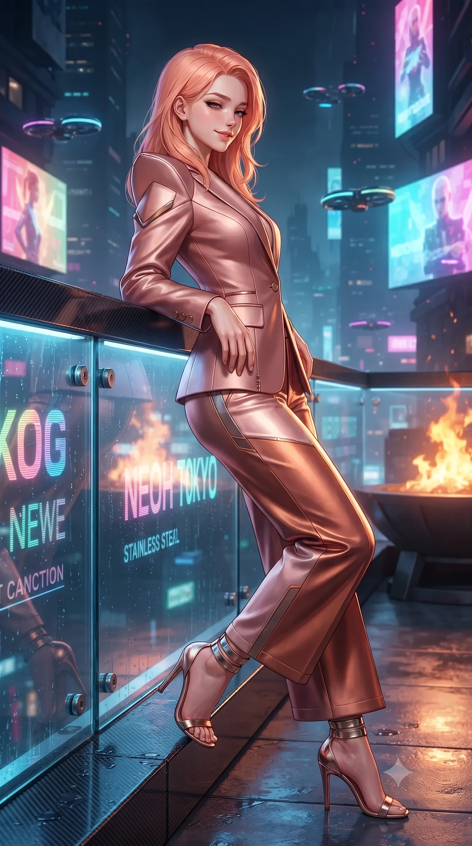 score_9, masterpiece, best quality, ultra-detailed, high-budget anime keyframe, editorial fashion photography, tasteful artistic composition, Japanese woman. close-up cowboy shot from the waist and thighs up, the character dominates the composition, filling the frame with her large presence. leaning back against the balustrade with relaxed seductive grace, head tilted back slightly while casting a hypnotic, heavy-lidded gaze while leaning against the glowing aero-glass barrier with hips cocked back, watching hovering spinners glide through neon fog with intoxicating bedroom-eyes. The surrounding environment is rendered in vivid detail and crisp panoramic clarity: sharp carbon-fiber composite textures, stainless steel deck fasteners, and crisp holographic typography reflected on wet glass in deep focus. She has an exceptionally elegant, slender, and willowy female figure with an ultra-slim waist, flat toned midriff, narrow ribcage, and sculpted feminine hips creating an alluring, slim hourglass silhouette without bulk. sharp v-shaped jawline, high-bridge nose, intricate jewel-like sparkling eyes with depth, thick eyelashes, glossy parted lips with a natural peach sheen, bright cheerful beaming smile with an enchanting and coquettish sensual glint, exuding both youthful cute charm and seductive allure, flawlessly proportioned anatomical accuracy, strict slender model proportions, natural body alignment, perfectly sculpted long slender limbs, ultra-slim waistline, clean dynamic posture without body distortion. wearing a bespoke Neo-Tokyo structured blazer with angular padded shoulders and wide-leg tailored tech-wool trousers in high-gloss rose-gold and burnished copper, crafted from bespoke double-faced cashmere with an exceptionally soft tactile finish, complemented by strappy stiletto sandals with metallic ankle wraps accentuating her slender calves, the bespoke structured tailoring following the natural line of her 8.5-heads silhouette with refined elegance. bathed in the dynamic multi-colored ambient glow of mammoth holographic billboards contrasted with warm fire pit flames. ultra-reflective glossy finish, specular highlights, rich textural contrasts, high-contrast stereoscopic depth, volumetric dynamic lighting, 2k, ultra detail, master piece, 9:16 ratio