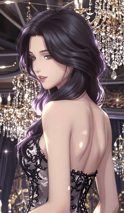 score_9, masterpiece, best quality, ultra-detailed, semi-realistic high-budget anime keyframe, (1view, solo, single person:1.5), an incredibly beautiful korean woman. Medium shot of upper body. She is a high-society vampire queen in a moonlit ballroo