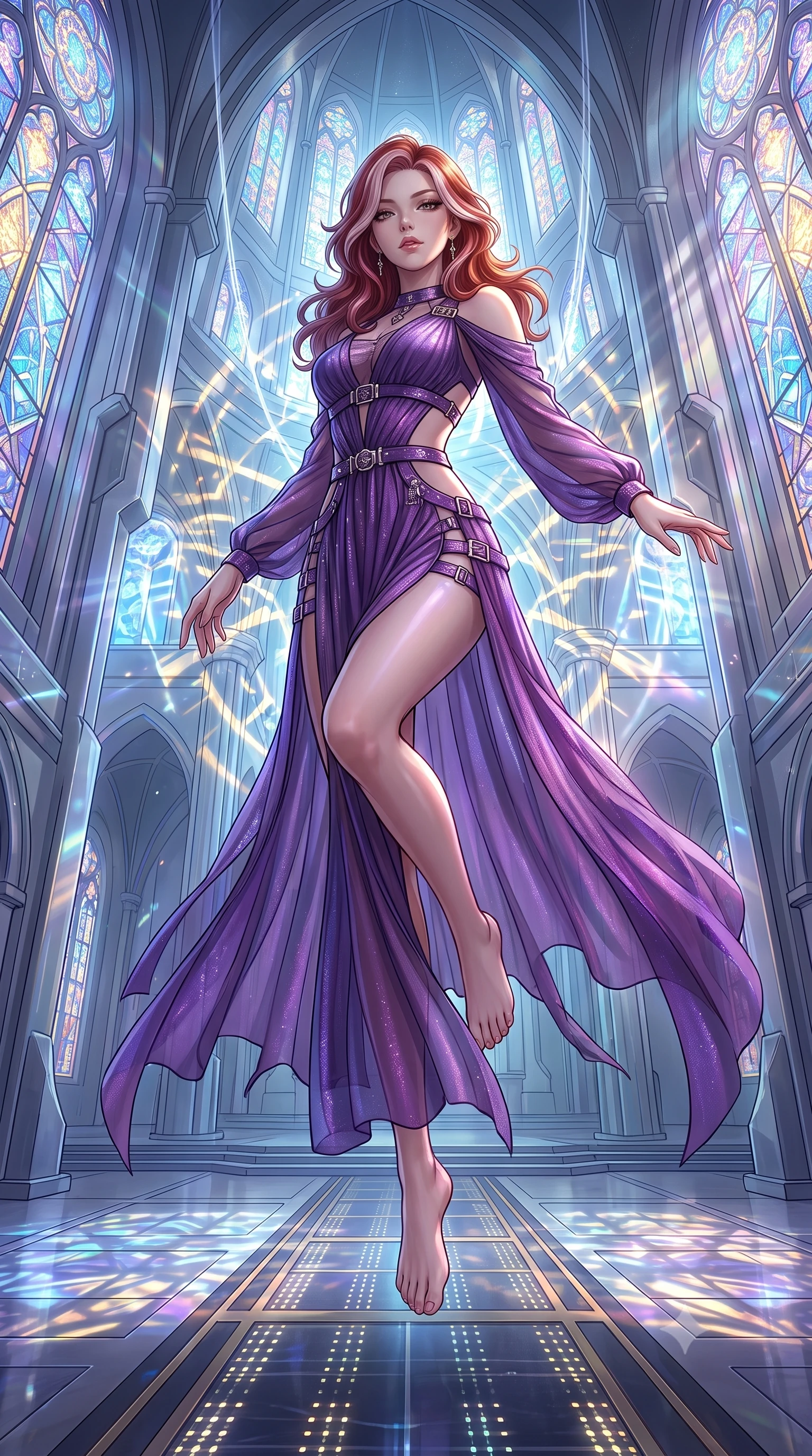 score_9, masterpiece, best quality, ultra-detailed, High-budget Anime Keyframe, Caucasian woman, strictly human ears. Low angle cowboy shot filling the entire 9:16 frame with her statuesque presence. Scenario 355: suspended by invisible silk threads inside a futuristic cathedral with holographic stained-glass windows. Her presence is magnetic and overpowering in this high-budget anime scene. Outfit 355: a tailored shimmering chiffon bare with a strategic side cut-outs and metallic buckles. The clothing is designed to emphasize her exceptionally tall and slender 8-heads proportion. 8-heads proportion, towering silhouette, ultra-slim waist. sharp v-shaped jawline, intricate jewel-like eyes with depth, thick eyelashes, glossy lips. 2k, ultra detail, master piece, 9:16 ratio