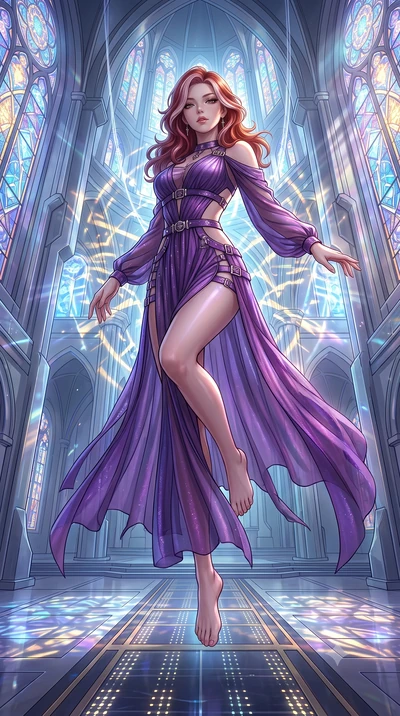 score_9, masterpiece, best quality, ultra-detailed, High-budget Anime Keyframe, Caucasian woman, strictly human ears. Low angle cowboy shot filling the entire 9:16 frame with her statuesque presence. Scenario 355: suspended by invisible silk threads 