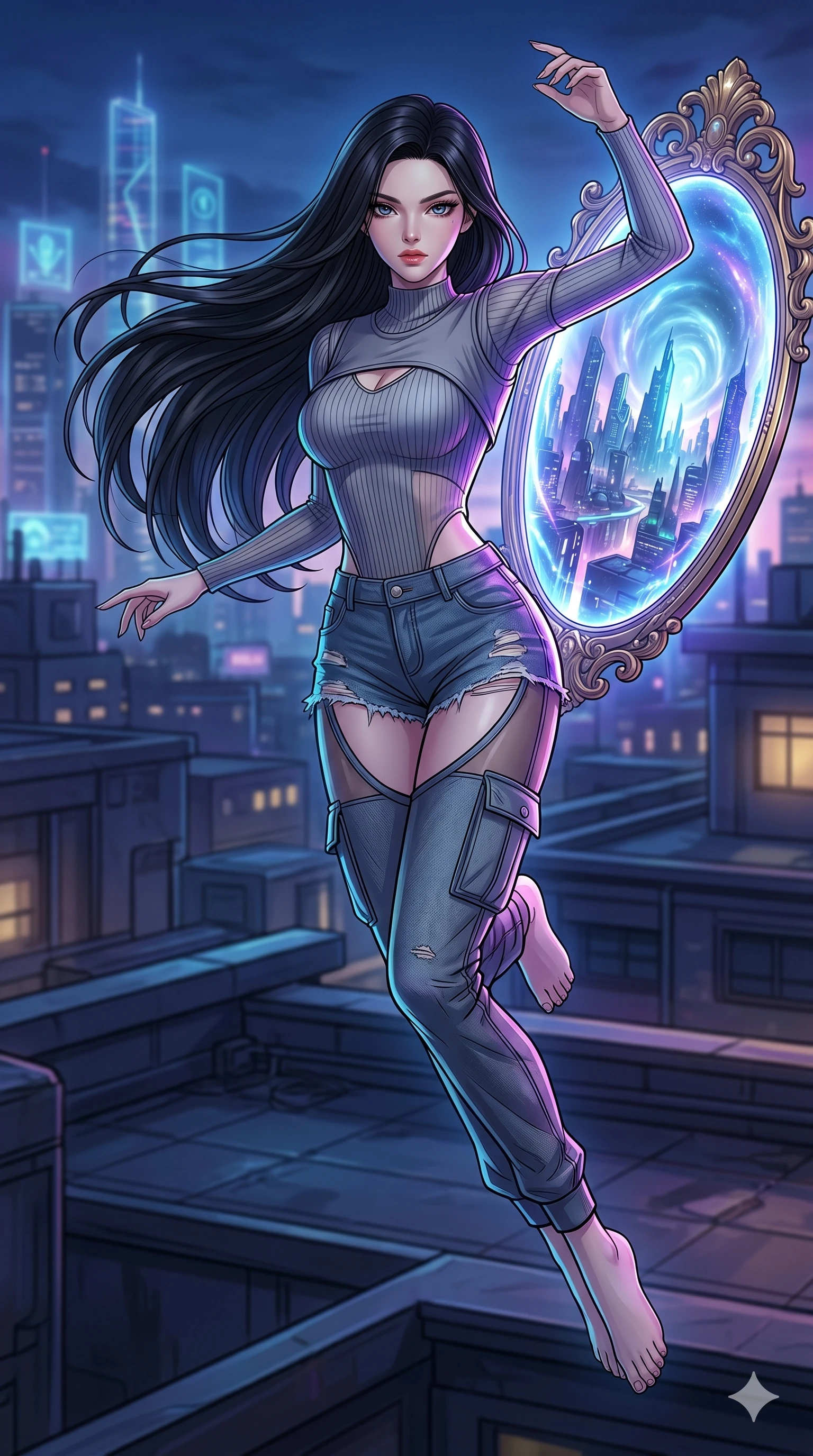 score_9, masterpiece, best quality, ultra-detailed, high-budget anime movie keyframe, cinematic anime lighting, intricate line art, Japanese woman. Mid-air action shot capturing a graceful twist and vertical silhouette. manipulating the reflections in a mirror to show the future. She has an absolutely perfect 8-heads proportion, an exceptionally tall and slender female figure with an ultra-slim waist and impossibly long slender legs. strictly human anatomy, two legs only, no extra limbs, clearly defined legs and arms, perfect anatomy, perfect hands and fingers. sharp v-shaped jawline, high-bridge nose, intricate jewel-like eyes, thick eyelashes, glossy lips. Wearing Urban Trendsetter: Ribbed bodycon dress, crop top with high-waist denim, and sheer corset with cargo pants. The scene is illuminated by dramatic atmospheric lighting and vibrant color palettes. , 2k, ultra detail, master piece, 9:16 ratio