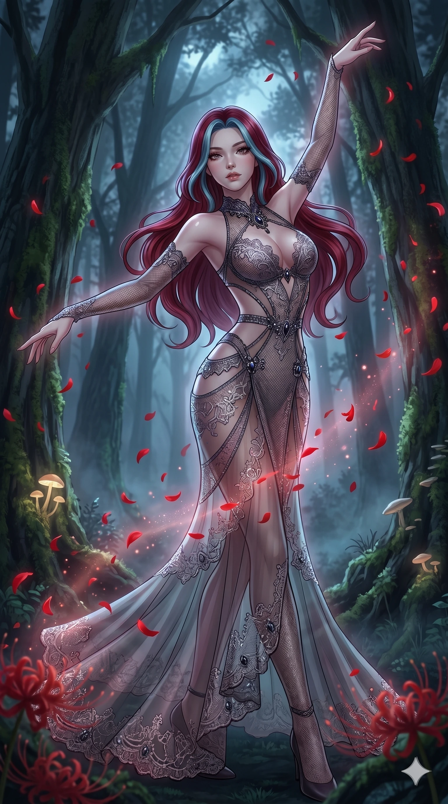 score_9, masterpiece, best quality, ultra-detailed, High-budget Anime Keyframe, East Asian woman. Low angle cowboy shot filling the entire 9:16 frame with her statuesque presence. Scenario 245: Dancing amidst falling red spider lilies in a misty dark forest. Her presence is magnetic and overpowering in this high-budget anime scene. Outfit 245: A micro-mesh lace bare with a sheer panels and delicate lace embroidery. The clothing is designed to emphasize her exceptionally tall and slender 8-heads proportion. 8-heads proportion, towering silhouette, ultra-slim waist. sharp v-shaped jawline, intricate jewel-like eyes with depth, thick eyelashes, glossy lips. 2k, ultra detail, master piece, 9:16 ratio
