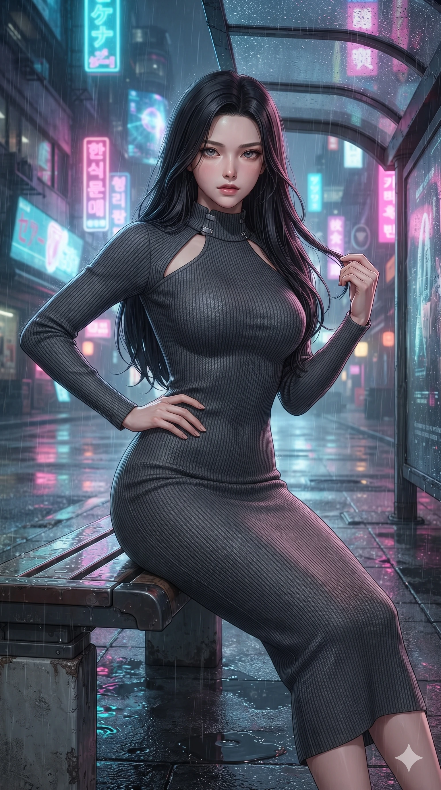 score_9, masterpiece, best quality, ultra-detailed, high-budget anime keyframe, editorial fashion photography, tasteful artistic composition, Korean woman. close-up cowboy shot from the waist and thighs up, the character dominates the composition, filling the frame with her large presence. twisting her slender torso in an alluring contrapposto stance, one hand resting on her sculpted hip while her fingers toy with her hair with effortless poise while lounging gracefully across the sheltered street bench with legs extended, displaying her long slender limbs and statuesque hourglass silhouette amid rain-washed neon. The background shows a soft-focus fine urban rain mist softened in cyberpunk neon boulevard shallow focus. She has an exceptionally elegant, slender, and willowy female figure with an ultra-slim waist, flat toned midriff, narrow ribcage, and sculpted feminine hips creating an alluring, slim hourglass silhouette without bulk. sharp v-shaped jawline, high-bridge nose, intricate jewel-like sparkling eyes with depth, thick eyelashes, glossy parted lips with a natural peach sheen, bright cheerful beaming smile with an enchanting and coquettish sensual glint, exuding both youthful cute charm and seductive allure, flawlessly proportioned anatomical accuracy, strict slender model proportions, natural body alignment, perfectly sculpted long slender limbs, ultra-slim waistline, clean dynamic posture without body distortion. wearing an ultra-sleek form-fitting ribbed knit midi dress with elegant collar cutouts contouring her feminine hourglass silhouette in charcoal grey and polished chrome, woven from structured carbon-fiber jacquard with rich textural depth, finished with sleek magnetic buckle closures fluttering in the breeze, the liquid-tight tailored fabric clinging flawlessly to her narrow waist and rounded feminine hips, emphasizing every millimeter of her sculpted slim hourglass curves without any bulky heaviness. illuminated by wet asphalt reflection bounce and sharp laser-cyan rim lights sculpting her razor-sharp jawline, narrow waist, and curvy hips. ultra-reflective glossy finish, specular highlights, rich textural contrasts, high-contrast stereoscopic depth, volumetric dynamic lighting, 2k, ultra detail, master piece, 9:16 ratio