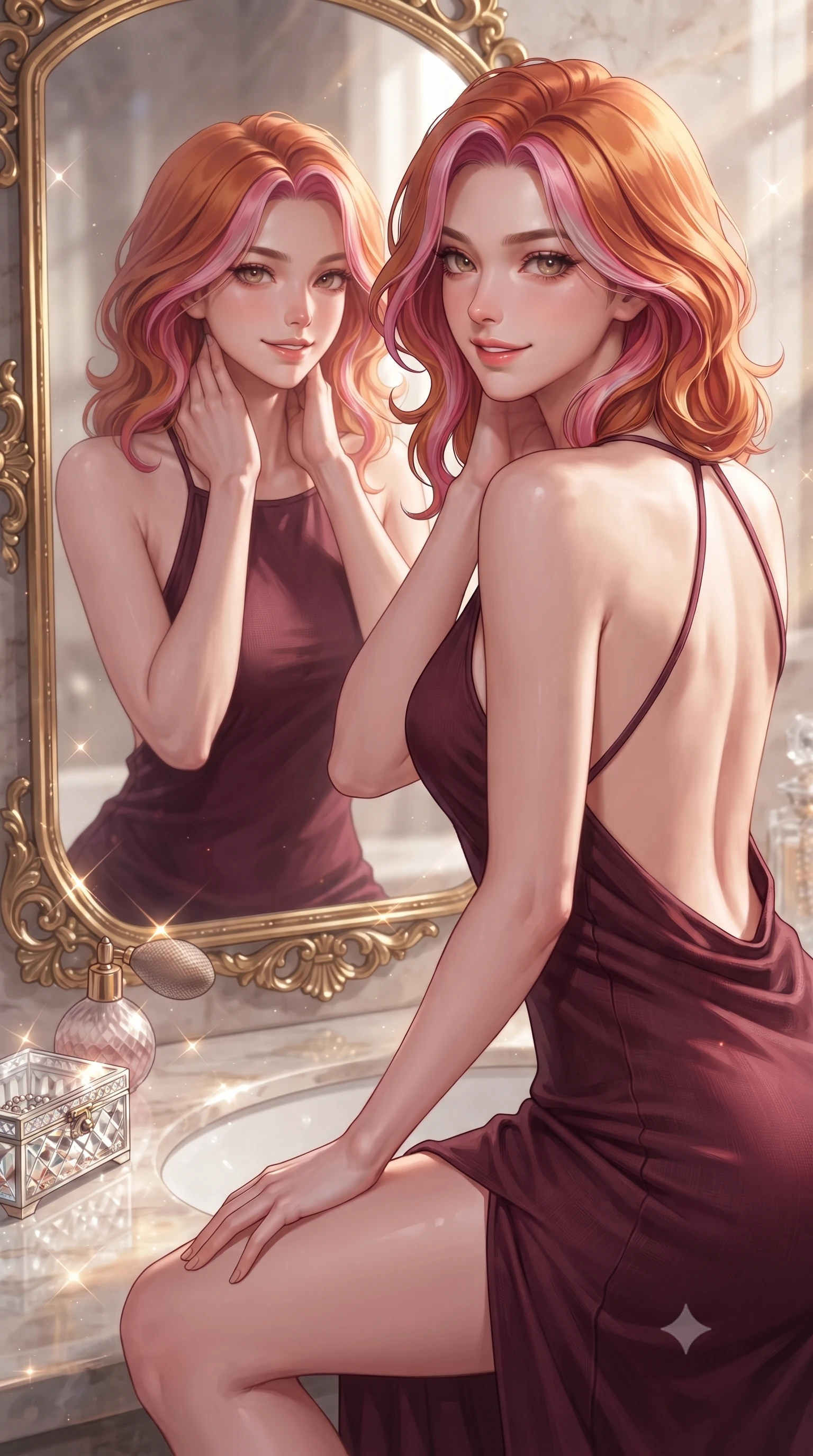 score_9, masterpiece, best quality, ultra-detailed, high-budget anime keyframe, editorial fashion photography, tasteful artistic composition, Caucasian woman. close-up cowboy shot from the waist and thighs up, the character dominates the composition, filling the frame with her large presence, background elements kept in soft focus. gazing into a gilded mirror reflection with a confident, sensual smile, tracing her neck contour set against a soft-focus background of inside an exclusive private spa pavilion with a vintage perfume atomizer and crystal jewelry box reflecting soft light. She has an exceptionally elegant, slender, and willowy female figure with an ultra-slim waist, a gracefully sculpted slender torso, and a refined silhouette. sharp v-shaped jawline, high-bridge nose, intricate jewel-like eyes with depth, thick eyelashes, glossy lips with a natural sheen. wearing form-contouring deep burgundy soft linen backless linen halter dress featuring delicate straps and a draped open-back design featuring refined tailored seams. lit by crisp morning sun rays creating sparkling glints on polished glass and water. highly saturated vibrant anime colors, detailed shading with soft gradients, rich glossy textures, high-contrast stereoscopic depth, volumetric dynamic lighting, master piece, 9:16 ratio