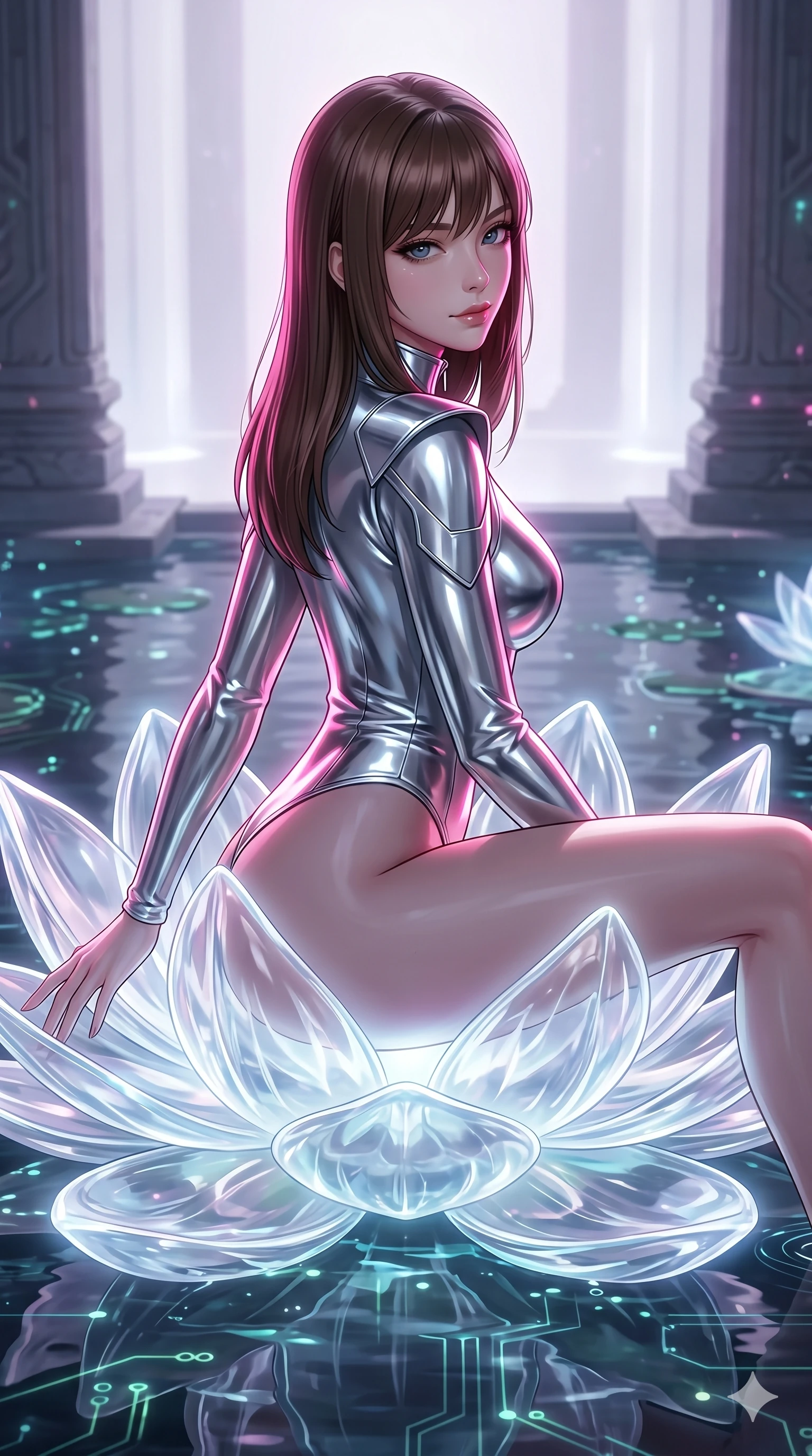 score_9, masterpiece, best quality, ultra-detailed, high-budget anime keyframe, semi-realistic 3D game render, Korean woman. Upper body close-up from the thighs up, character filling the screen for maximum presence. She is seated elegantly on a giant glowing glass lotus blossom floating in a tech-temple pond. She leans forward in a fluid pose, glancing back with a confident look. She has an absolutely perfect 8-heads proportion, a tall and elegant figure with a refined silhouette and a defined waistline. V-shaped jawline, high-bridge nose, intricate jewel-like eyes with depth, thick eyelashes, glossy lips with a natural sheen. She is wearing a sleek tailored top in liquid-chrome finish that complements her silhouette, styled with sophisticated architectural shoulder accents and a modern zip collar. The scene is illuminated by soft glowing white ambient lights and sharp pink side key lights tracing her neck and waist. 2k, ultra detail, master piece, 9:16 ratio