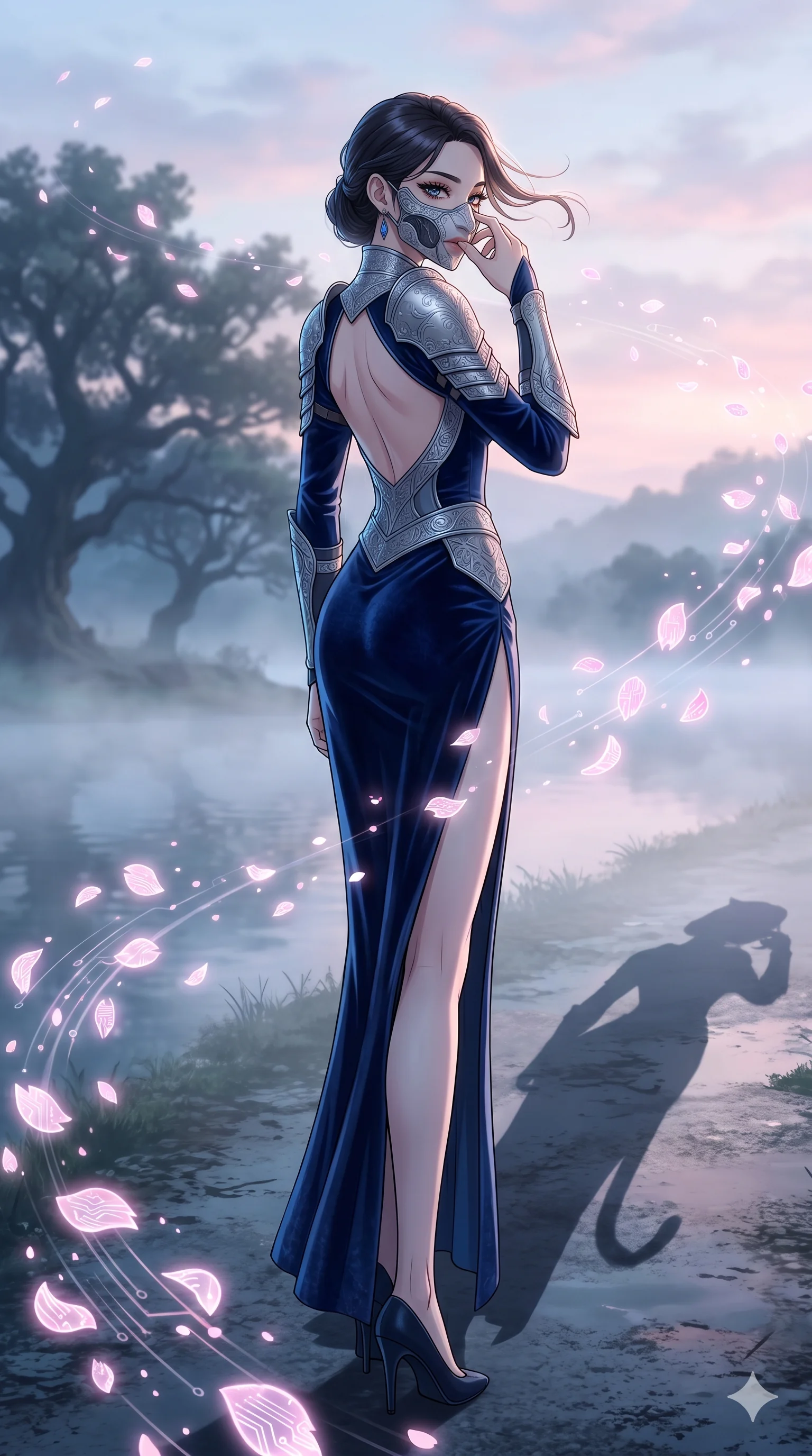 score_9, masterpiece, best quality, ultra-detailed, Set A: High-budget Anime Keyframe, Korean woman. Low angle cowboy shot filling the entire 9:16 frame with her statuesque presence. Adjusting a mask through a misty lakeside at dawn, while her shadow mimics the movements of a predator 65 and surrounded by digital sakura petals. She has an absolutely perfect 8-heads proportion, an exceptionally tall and slender female figure with impossibly long slender legs and an ultra-slim waist. Sharp v-shaped jawline, high-bridge nose, intricate jewel-like eyes with depth, thick eyelashes, glossy lips with a natural sheen. Wearing Backless velvet gown with silver engraved plate armor pieces and a high side slit. Cinematic lighting, vibrant colors, dramatic shadows, 2k, ultra detail, master piece, 9:16 ratio