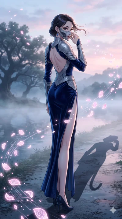 score_9, masterpiece, best quality, ultra-detailed, Set A: High-budget Anime Keyframe, Korean woman. Low angle cowboy shot filling the entire 9:16 frame with her statuesque presence. Adjusting a mask through a misty lakeside at dawn, while her shadow