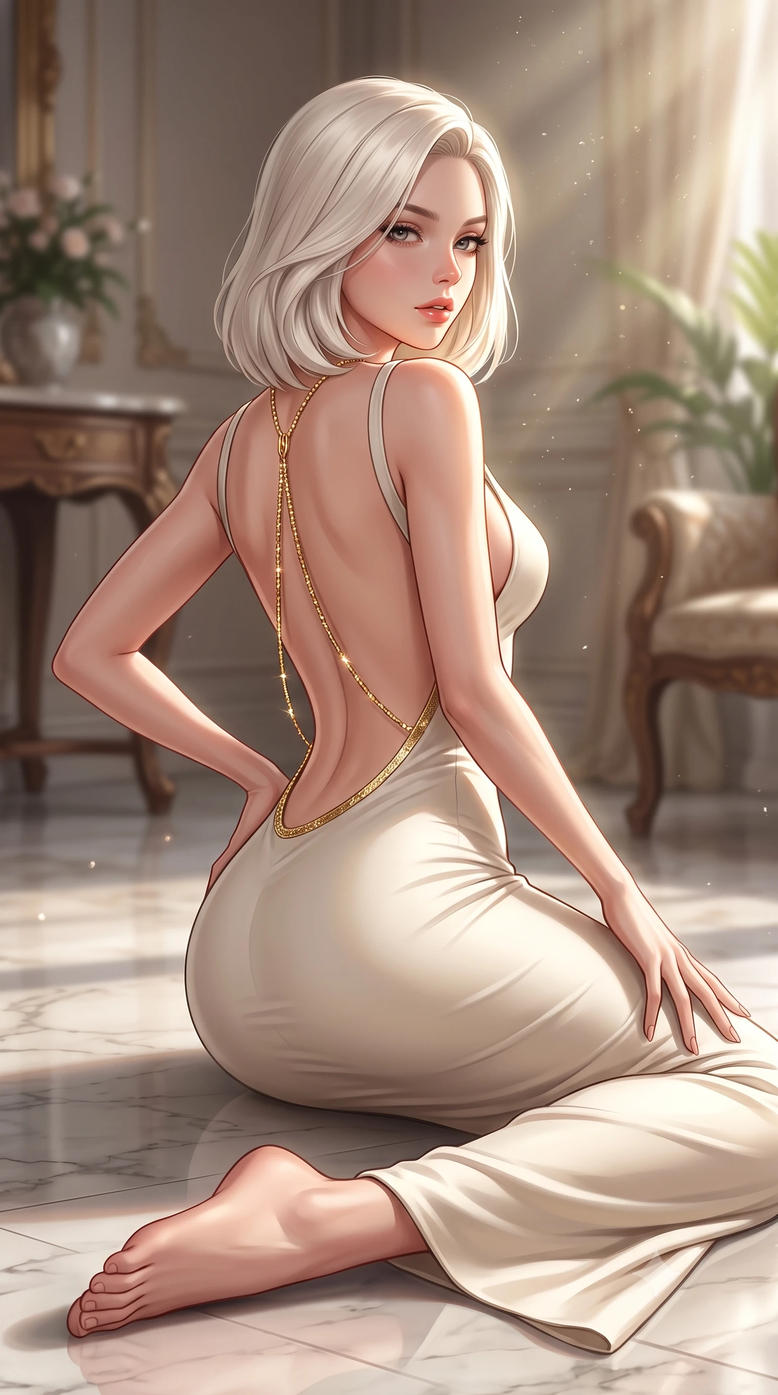 score_9, masterpiece, best quality, ultra-detailed, high-budget anime keyframe, semi-realistic 3D game render, editorial fashion photography, tasteful artistic composition, Caucasian woman. close-up cowboy shot from the waist and thighs up, the character dominates the composition, filling the frame with her large presence. posing in an alluring rear three-quarter angle, arching her lower back in a pronounced S-curve with one hand on her hip, glancing seductively over her bare shoulder with parted glossy lips while lying languidly on the polished marble studio floor, legs extended in an alluring dancer line as north light pours over her form. The composition keeps background elements in soft focus with creamy bokeh. refracted afternoon sunbeams and floating dust motes scattering timeless radiant light across the salon. She has an exceptionally elegant, slender, and willowy female figure with an ultra-slim waist, a gracefully sculpted slender torso, toned flat midriff, and rounded feminine hips creating an alluring hourglass silhouette. sharp v-shaped jawline, high-bridge nose, intricate jewel-like eyes with depth, thick eyelashes, glossy parted lips with a natural sheen, intensely captivating and seductive bedroom-eyes expression, flawlessly proportioned anatomical accuracy, strict slender model proportions, natural body alignment, perfectly sculpted long slender limbs, ultra-slim waistline, clean dynamic posture without body distortion. wearing a sculpted white liquid jersey goddess gown with an ultra-deep scooped open back and hip-hugging mermaid silhouette in warm limestone cream and brushed brass, made of seamless compression knit with anatomical body-contouring support, accented with a glittering gold back chain tracing her bare spine down to her hip line, the glove-like aerodynamic silhouette tightly following the natural contour of her hips and long slender legs with statuesque precision. illuminated by crisp sculptural key lighting carving her narrow waist, curved hips, and statuesque limbs. highly saturated vibrant anime colors, detailed shading with soft gradients, rich glossy textures, high-contrast stereoscopic depth, volumetric dynamic lighting, master piece, 9:16 ratio