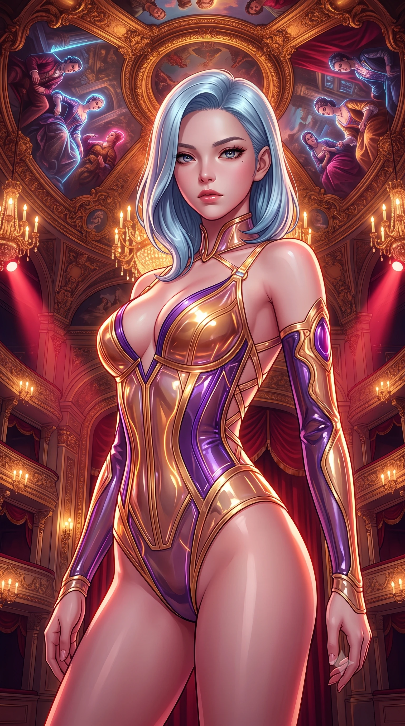 score_9, masterpiece, best quality, ultra-detailed, high-budget anime keyframe, semi-realistic 3D game render, editorial fashion photography, tasteful artistic composition, Korean woman. close-up cowboy shot from the waist and thighs up, the character dominates the composition, filling the frame with her large presence. gazing directly into the lens with bedroom eyes and a breathtaking, dangerous allure that commands the entire composition while arching her spine in a dramatic operatic pose under a towering baroque ceiling with glowing neon frescoes. The surrounding environment is rendered in vivid detail and crisp panoramic clarity. rich theatrical chiaroscuro and opulent futuristic opera architecture rendered with environmental sharpness. She has an exceptionally elegant, slender, and willowy female figure with an ultra-slim waist, a gracefully sculpted slender torso, and a refined silhouette. sharp v-shaped jawline, high-bridge nose, intricate jewel-like eyes with depth, thick eyelashes, glossy lips with a natural sheen, flawlessly proportioned anatomical accuracy, natural body alignment, perfectly sculpted elegant limbs, clean dynamic posture without body distortion. wearing a translucent cybernetic corset in semi-opaque structured vinyl, combined with detached sleeves and a deep-plunging neckline secured by glowing micro-straps in lustrous molten gold and pure deep violet, tailored from semi-translucent cybernetic vinyl with glowing micro-filaments, complemented by criss-cross back straps highlighting her completely bare spine, the liquid-tight fabric adhering flawlessly to her sculpted torso and slender silhouette. bathed in warm golden chandelier candlelight and dramatic crimson theatrical spotlights. highly saturated vibrant anime colors, detailed shading with soft gradients, rich glossy textures, high-contrast stereoscopic depth, volumetric dynamic lighting, master piece, 9:16 ratio