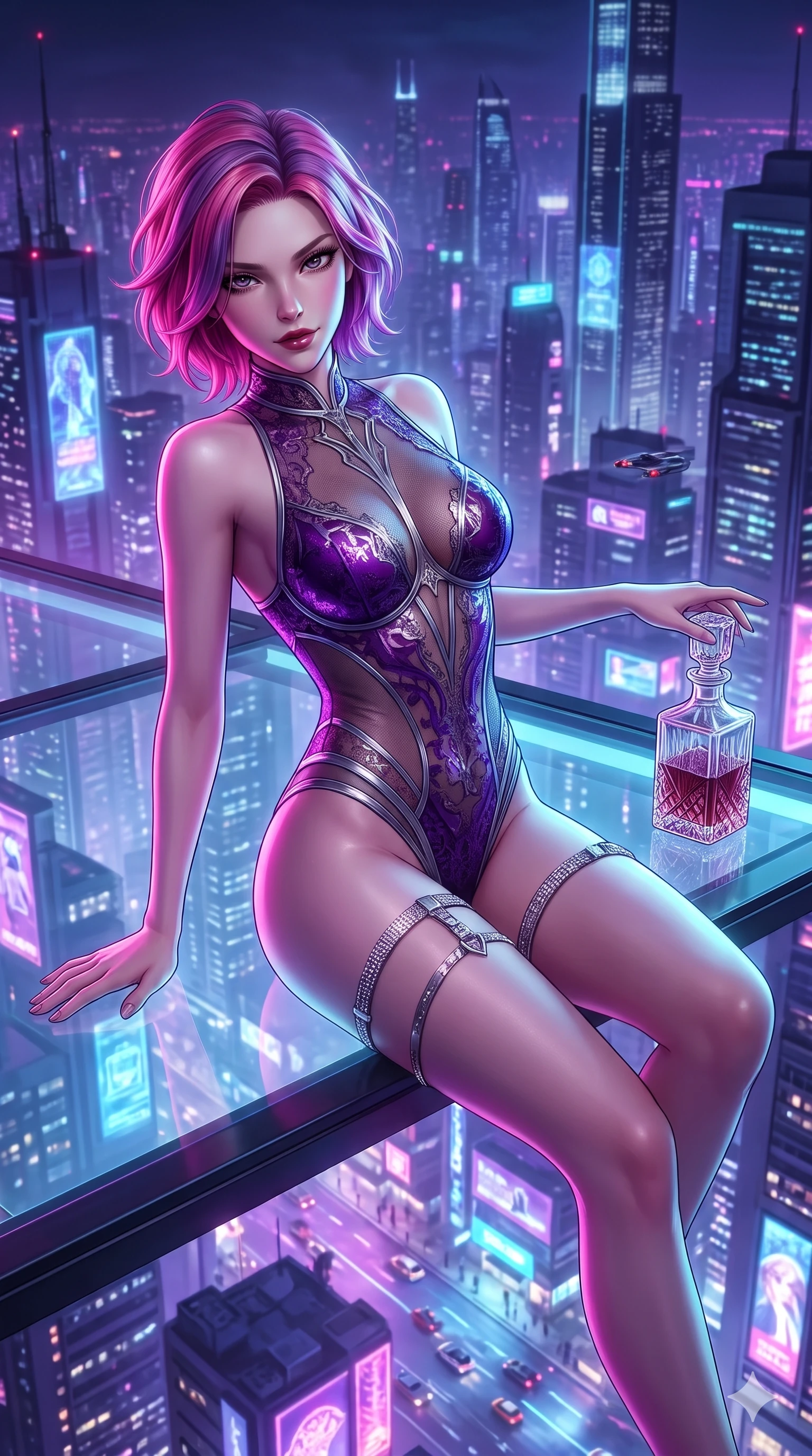 score_9, masterpiece, best quality, ultra-detailed, high-budget anime keyframe, semi-realistic 3D game render, editorial fashion photography, tasteful artistic composition, Caucasian woman. close-up cowboy shot from the waist and thighs up, the character dominates the composition, filling the frame with her large presence. twisting her slender torso in an alluring S-curve while reaching for a vintage crystal decanter, her dark tailored fit highlighting her hourglass curves while sitting gracefully on the glass edge platform with one knee bent, arching her spine with supermodel elegance against the endless neon expanse. The surrounding environment is rendered in vivid detail and crisp panoramic clarity: detailed form-fitting liquid mercury dress tailoring, metallic clasp accents, and modern high-altitude architecture in razor-sharp precision. She has an exceptionally elegant, slender, and willowy female figure with an ultra-slim waist, flat toned midriff, narrow ribcage, and sculpted feminine hips creating an alluring, slim hourglass silhouette without bulk. sharp v-shaped jawline, high-bridge nose, intricate jewel-like dark sparkling eyes with dangerous depth, thick curled eyelashes, glossy parted lips with a rich wine sheen, smoldering seductive half-smile with bedroom-eyes, exuding effortless superiority and intoxicating dark allure, flawlessly proportioned anatomical accuracy, strict slender model proportions, natural body alignment, perfectly sculpted long slender limbs, ultra-slim waistline, clean dynamic posture without body distortion. wearing a provocative sheer-illusion nanotech lace bodysuit with strategic metallic foil flocking and high-cut leg openings in royal amaranth purple and liquid platinum, woven from fine semi-opaque stretch illusion mesh tracing every contour of her figure, finished with delicate crystal-encrusted thigh garter straps glinting in the neon glare, the form-fitting cut adhering flawlessly to her sculpted flat midriff and slender torso, emphasizing her long leg lines and perfectly proportioned willowy build. illuminated by glass floor upward bounce and sharp magenta-cyan rim lights sculpting her razor-sharp jawline, narrow waist, and curvy hips. highly saturated vibrant anime colors, detailed shading with soft gradients, rich glossy textures, high-contrast stereoscopic depth, volumetric dynamic lighting, master piece, 9:16 ratio