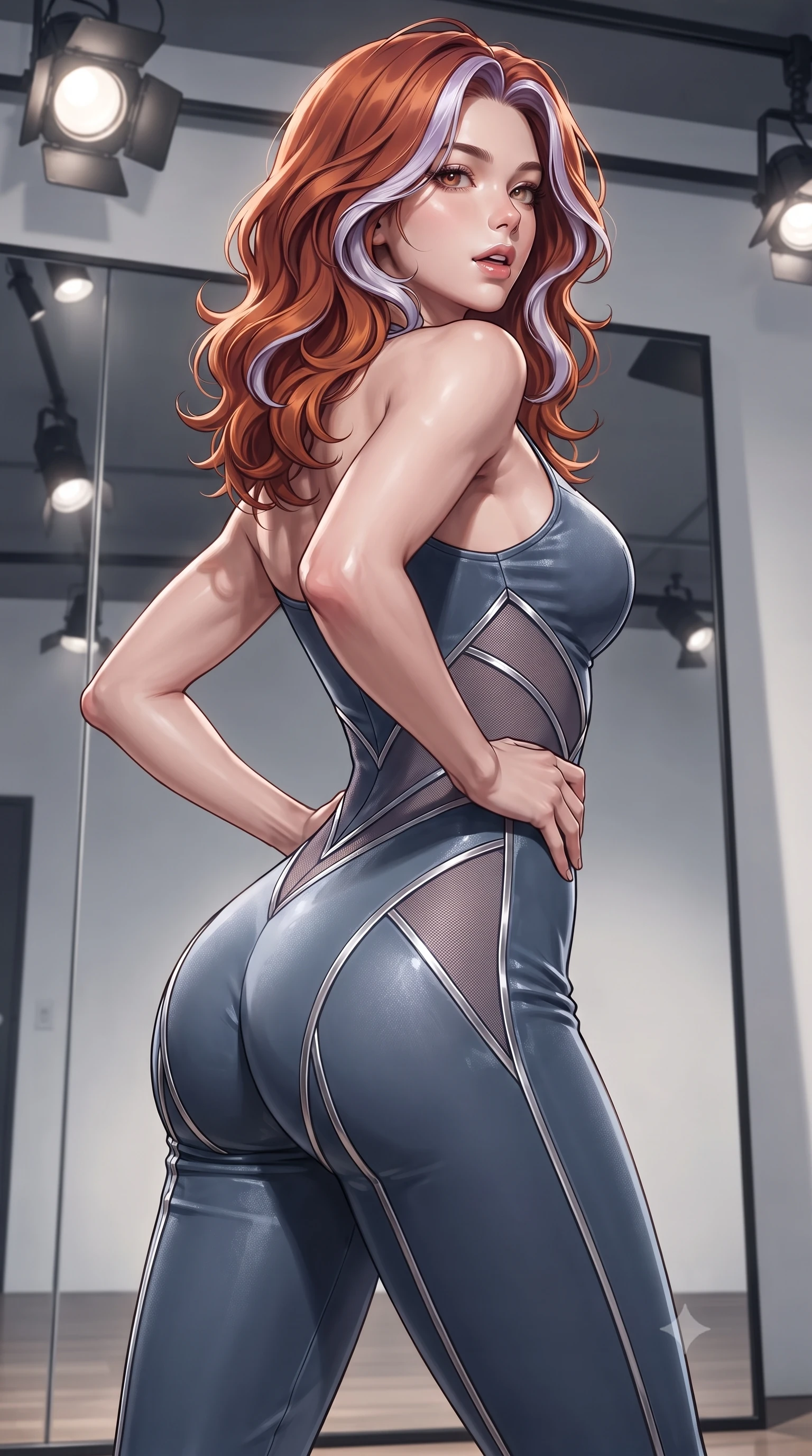 score_9, masterpiece, best quality, ultra-detailed, high-budget anime keyframe, editorial fashion photography, tasteful artistic composition, Caucasian woman. close-up cowboy shot from the waist and thighs up, the character dominates the composition, filling the frame with her large presence. posing in an alluring rear three-quarter angle, arching her lower back in a pronounced S-curve with one hand on her hip, glancing seductively over her bare shoulder with parted glossy lips while standing with her back to the floor-to-ceiling mirror, looking over her bare shoulder with hips cocked dramatically in an alluring high-fashion stance. The surrounding environment is rendered in vivid detail and crisp panoramic clarity. detailed muscle definition, fabric stretch tension lines, and studio spotlight fixtures in high clarity. She has an exceptionally elegant, slender, and willowy female figure with an ultra-slim waist, a gracefully sculpted slender torso, toned flat midriff, and rounded feminine hips creating an alluring hourglass silhouette. sharp v-shaped jawline, high-bridge nose, intricate jewel-like eyes with depth, thick eyelashes, glossy parted lips with a natural sheen, intensely captivating and seductive bedroom-eyes expression, flawlessly proportioned anatomical accuracy, strict slender model proportions, natural body alignment, perfectly sculpted long slender limbs, ultra-slim waistline, clean dynamic posture without body distortion. wearing a sculptured velvet dance unitard with diagonal mesh cutouts tracing her midriff and hip in slate blue and metallic silver trim, tailored from fluid modal jersey adhering seamlessly to her slender frame, accented with anatomical contrast piping outlining her sculpted glutes and waist, the liquid-tight tailored fabric clinging flawlessly to her narrow waist and rounded feminine hips, emphasizing every millimeter of her sculpted hourglass curves during movement. illuminated by crisp specular rim lights accentuating her narrow waist, curved hips, and long legs. ultra-reflective glossy finish, specular highlights, rich textural contrasts, high-contrast stereoscopic depth, volumetric dynamic lighting, 2k, ultra detail, master piece, 9:16 ratio