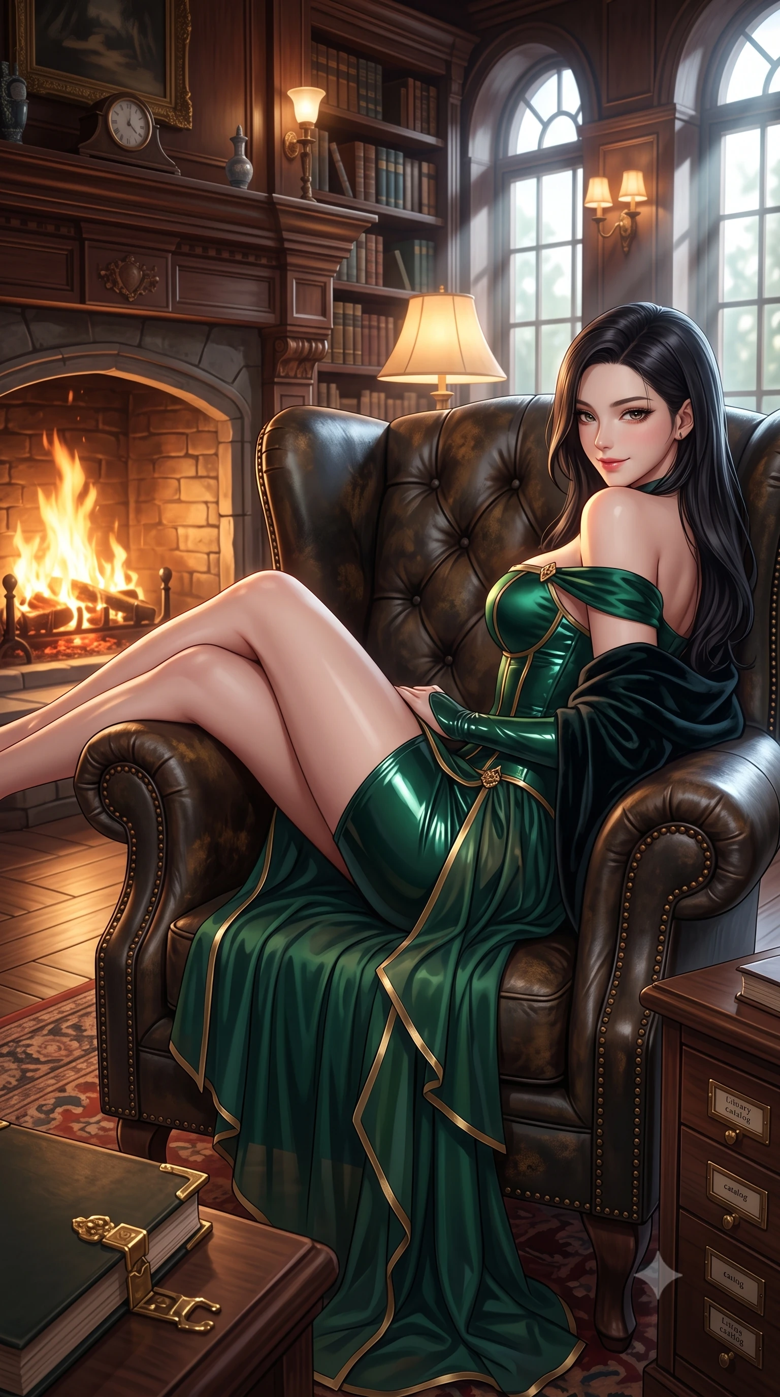 score_9, masterpiece, best quality, ultra-detailed, high-budget anime keyframe, semi-realistic 3D game render, editorial fashion photography, tasteful artistic composition, Korean woman. close-up cowboy shot from the waist and thighs up, the character dominates the composition, filling the frame with her large presence. turning over a bare shoulder with an intoxicating, teasing smile, her soft hair framing her sharp jawline as her hips angle gracefully while reclining languidly in an oversized tufted leather reading armchair before a roaring hearth, long legs draped gracefully over the armrest. The surrounding environment is rendered in vivid detail and crisp panoramic clarity. detailed velvet dress pile, brass book clasps, and library catalog card clarity in high resolution. She has an exceptionally elegant, slender, and willowy female figure with an ultra-slim waist, flat toned midriff, narrow ribcage, and sculpted feminine hips creating an alluring, slim hourglass silhouette without bulk. sharp v-shaped jawline, high-bridge nose, intricate jewel-like eyes with depth, thick eyelashes, glossy parted lips with a natural sheen, intensely captivating and seductive bedroom-eyes expression, flawlessly proportioned anatomical accuracy, strict slender model proportions, natural body alignment, perfectly sculpted long slender limbs, ultra-slim waistline, clean dynamic posture without body distortion. wearing an off-shoulder French court corset bodice dress paired with a tiered translucent chiffon slit skirt in deep emerald green satin and gold hardware, tailored from second-skin aerodynamic stretch vinyl with specular wet sheen, complemented by a plush velvet shawl draped loosely over her elbows, the glove-like aerodynamic silhouette tightly following the natural contour of her hips and long slender legs with statuesque 8.5-heads elegance. bathed in warm incandescent reading lamp glow and dramatic shafts of daylight from arched windows. highly saturated vibrant anime colors, detailed shading with soft gradients, rich glossy textures, high-contrast stereoscopic depth, volumetric dynamic lighting, master piece, 9:16 ratio