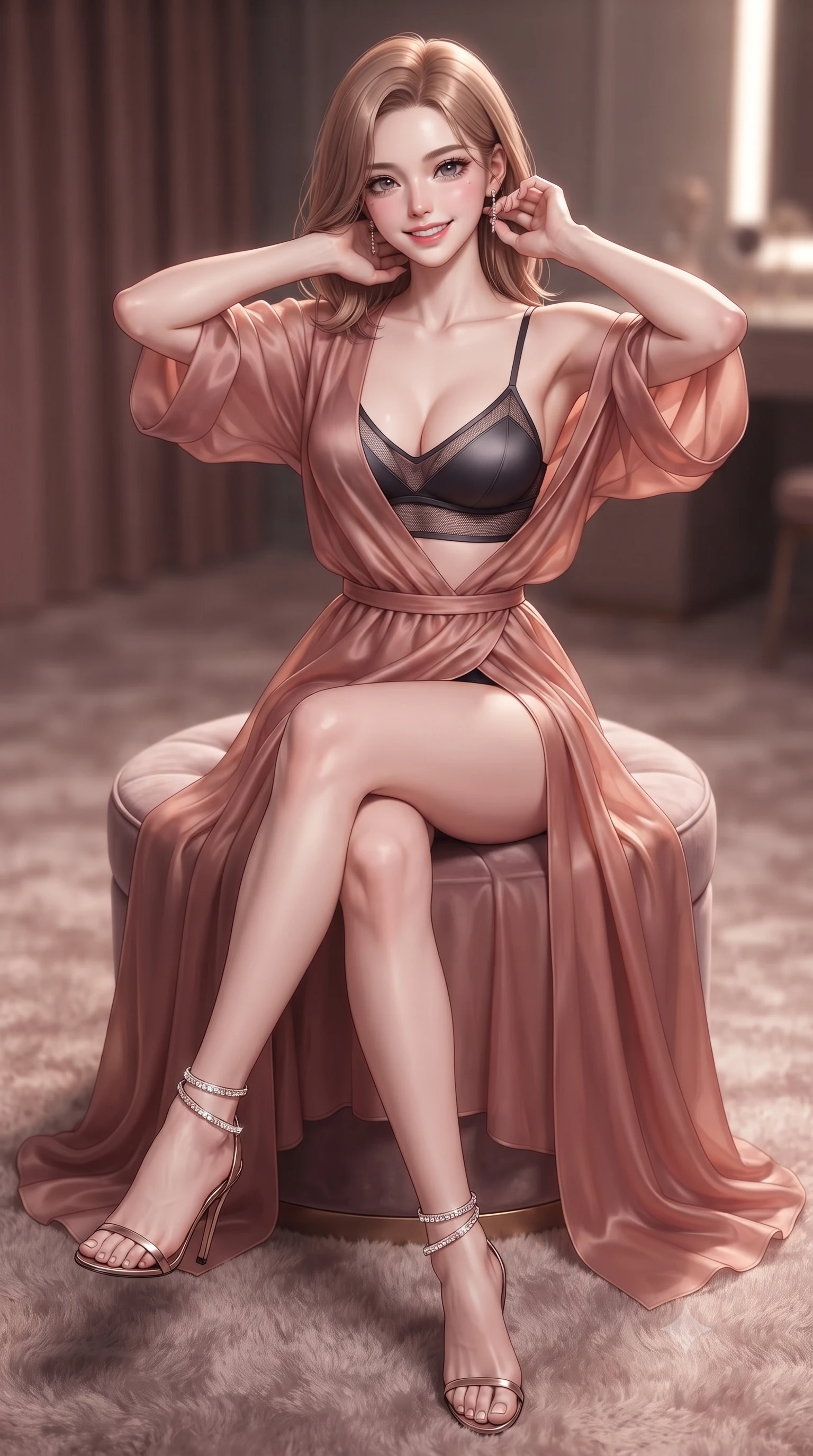 score_9, masterpiece, best quality, ultra-detailed, high-budget anime keyframe, editorial fashion photography, tasteful artistic composition, Korean woman. close-up cowboy shot from the waist and thighs up, the character dominates the composition, filling the frame with her large presence. resting both hands lightly behind her neck with elbows raised, arching her spine to highlight her narrow waist, flat midriff, and breathtaking collarbones while sitting poised on the circular velvet vanity ottoman with legs crossed, arching her lower back to highlight her curvy hips as she toys with her earrings. The background shows a soft-focus plush silk carpeting softened in ultra-exclusive high-fashion dressing suite shallow focus. She has an exceptionally elegant, slender, and willowy female figure with an ultra-slim waist, flat toned midriff, narrow ribcage, and sculpted feminine hips creating an alluring, slim hourglass silhouette without bulk. sharp v-shaped jawline, high-bridge nose, intricate jewel-like sparkling eyes with depth, thick eyelashes, glossy parted lips with a natural peach sheen, bright cheerful beaming smile with an enchanting and coquettish sensual glint, exuding both youthful cute charm and seductive allure, flawlessly proportioned anatomical accuracy, strict slender model proportions, natural body alignment, perfectly sculpted long slender limbs, ultra-slim waistline, clean dynamic posture without body distortion. wearing a flowing gossamer silk organza boudoir peignoir slipping off one shoulder over a form-fitting satin bralette in sultry copper rose and deep shadow charcoal, woven from fine semi-opaque stretch illusion mesh tracing her slender contours, complemented by strappy stiletto sandals with crystal ankle wraps accentuating her slender calves, the high-slit wrap tailoring accentuating her ultra-slim waistline and the enchanting curve of her feminine hips with alluring seductive charm. illuminated by mirror specular reflections and sharp rose-gold rim lights defining her features, flat midriff, and slender waist. ultra-reflective glossy finish, specular highlights, rich textural contrasts, high-contrast stereoscopic depth, volumetric dynamic lighting, 2k, ultra detail, master piece, 9:16 ratio