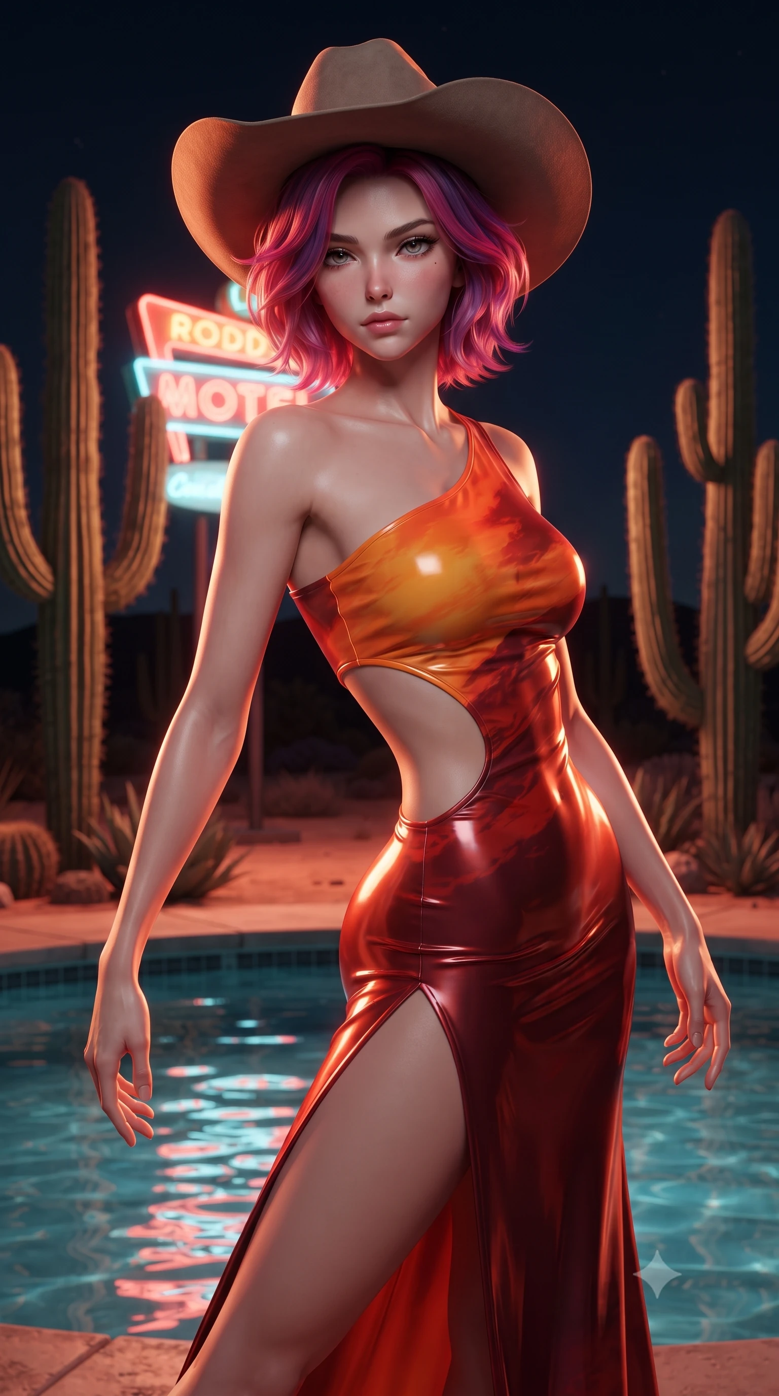 score_9, masterpiece, best quality, ultra-detailed, high-budget anime keyframe, editorial fashion photography, tasteful artistic composition, Caucasian woman. close-up cowboy shot from the waist and thighs up, the character dominates the composition, filling the frame with her large presence. leaning forward while arching her lower back to accentuate her curvy hips, looking into the camera with an intoxicating smoldering gaze and bedroom-eyes while twisting her slender torso in an alluring contrapposto stance, warm desert night air rustling the towering saguaro cacti behind her. The surrounding environment is rendered in vivid detail and crisp panoramic clarity: sharp pool water ripple surface reflections, saguaro cactus ribbed spine texture, and concrete pool coping in deep focus. She has an exceptionally elegant, slender, and willowy female figure with an ultra-slim waist, flat toned midriff, narrow ribcage, and sculpted feminine hips creating an alluring, slim hourglass silhouette without bulk. sharp v-shaped jawline, high-bridge nose, sparkling eyes with hypnotic seductive depth, thick curled eyelashes, glossy parted lips with a natural dewy peach sheen, alluring bedroom-eyes with an enchanting coquettish smile, exuding magnetic siren charisma and sophisticated glamour, flawlessly proportioned anatomical accuracy, strict slender model proportions, natural body alignment, perfectly sculpted long slender limbs, ultra-slim waistline, clean dynamic posture without body distortion. wearing an asymmetric one-shoulder liquid jersey resort gown with dramatic hip-high slit and waist cutout in blazing desert sunset orange and deep canyon crimson, tailored from second-skin technical compression neoprene with athletic curve-sculpting stretch, finished with a wide-brimmed felt cowboy hat tipped back to frame her face and long glossy hair, the liquid-tight tailored fabric clinging flawlessly to her narrow waist and rounded feminine hips, emphasizing every millimeter of her sculpted slim hourglass curves without any bulky heaviness. bathed in glowing neon coral-and-cyan light radiating from the vintage roadside motel sign. ultra-reflective glossy finish, specular highlights, rich textural contrasts, high-contrast stereoscopic depth, volumetric dynamic lighting, 2k, ultra detail, master piece, 9:16 ratio
