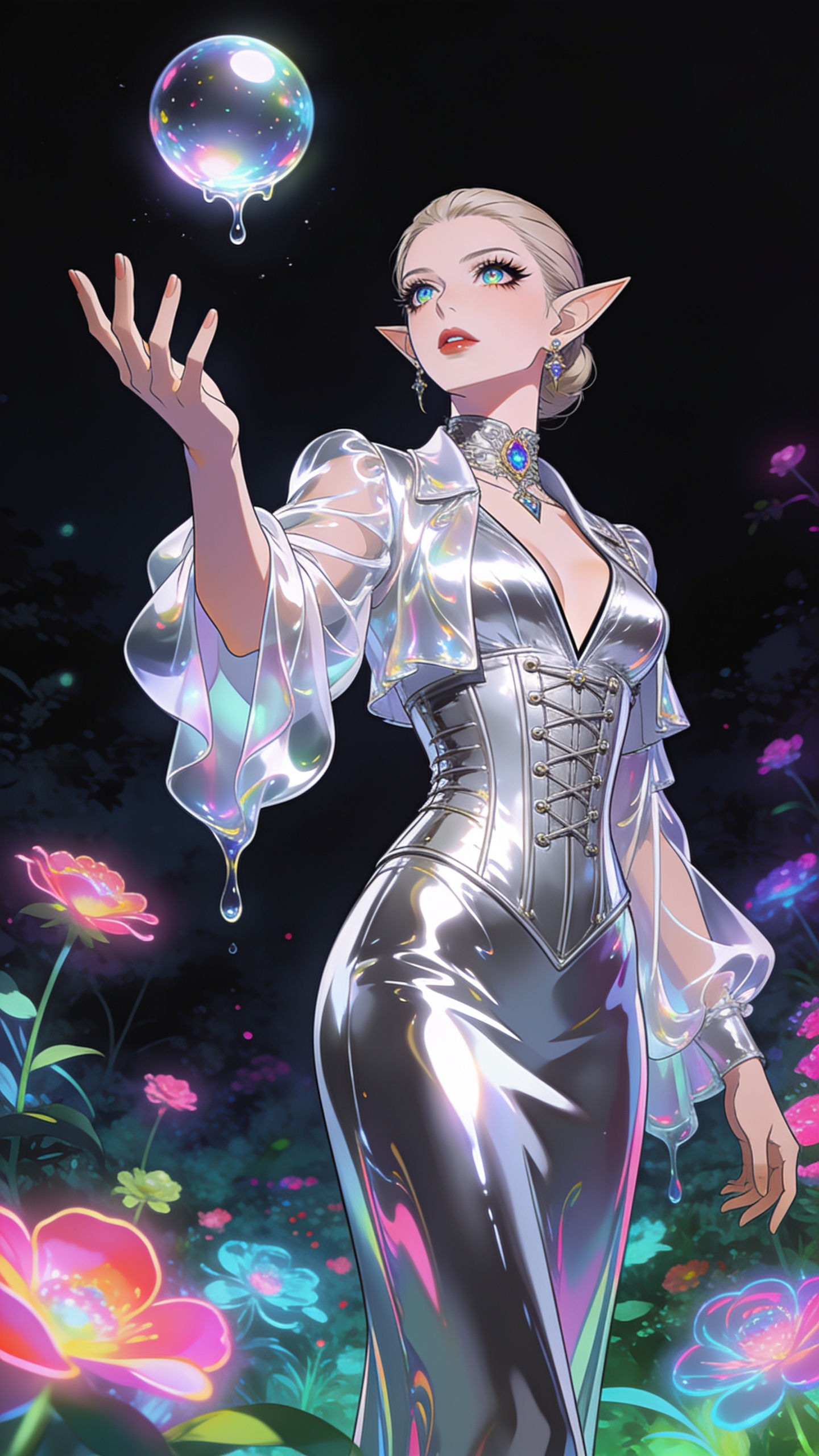 score_9, masterpiece, best quality, ultra-detailed, High-budget Anime Keyframe, Caucasian woman, strictly human ears. Low angle cowboy shot filling the entire 9:16 frame with her statuesque presence. Scenario 475: reaching out to catch a floating sphere of liquid light in a virtual garden where neon flowers bloom in the dark. Her presence is magnetic and overpowering in this high-budget anime scene. Outfit 475: a form-contouring liquid silver shimmering chiffon jacket layered over a structured corset bodice. The clothing is designed to emphasize her exceptionally tall and slender 8-heads proportion. 8-heads proportion, towering silhouette, ultra-slim waist. sharp v-shaped jawline, intricate jewel-like eyes with depth, thick eyelashes, glossy lips. 2k, ultra detail, master piece, 9:16 ratio