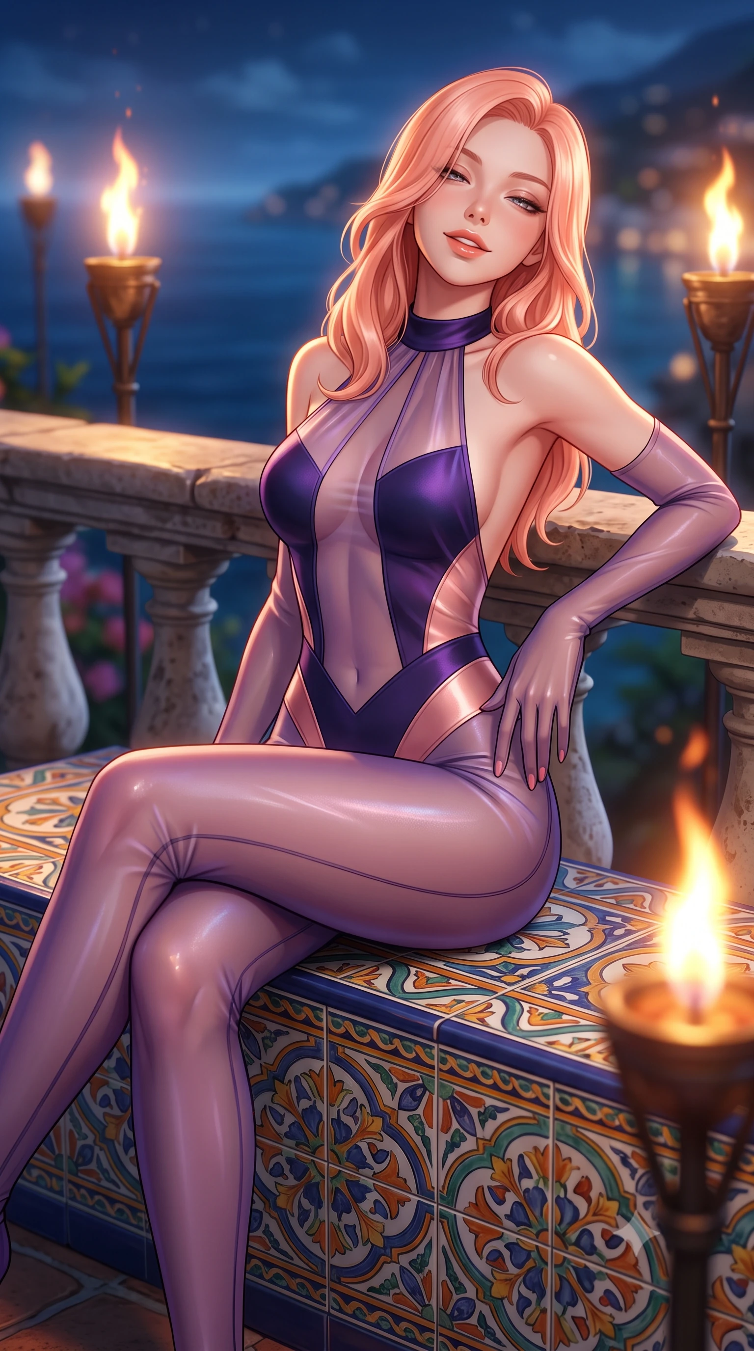 score_9, masterpiece, best quality, ultra-detailed, high-budget anime keyframe, semi-realistic 3D game render, editorial fashion photography, tasteful artistic composition, Japanese woman. close-up cowboy shot from the waist and thighs up, the character dominates the composition, filling the frame with her large presence. leaning back against the balustrade with relaxed seductive grace, head tilted back slightly while casting a hypnotic, heavy-lidded gaze while sitting perched on the colorful ceramic bench with legs crossed, running one manicured hand slowly down her hip with magnetic charm. The background shows a soft-focus colorful ceramic tile patterns softened in romantic Italian coastal nocturne shallow focus. She has an exceptionally elegant, slender, and willowy female figure with an ultra-slim waist, flat toned midriff, narrow ribcage, and sculpted feminine hips creating an alluring, slim hourglass silhouette without bulk. sharp v-shaped jawline, high-bridge nose, intricate jewel-like sparkling eyes with depth, thick eyelashes, glossy parted lips with a natural peach sheen, bright cheerful beaming smile with an enchanting and coquettish sensual glint, exuding both youthful cute charm and seductive allure, flawlessly proportioned anatomical accuracy, strict slender model proportions, natural body alignment, perfectly sculpted long slender limbs, ultra-slim waistline, clean dynamic posture without body distortion. wearing a provocative backless sheer illusion halter catsuit with strategic opaque geometric panels hugging her hourglass waist in orbital nebula violet and luminescent rose gold, crafted from translucent silk organza with an ethereal crystalline sheen, complemented by sheer opera-length evening gloves tracing her slender arms, the second-skin tailored fabric adhering flawlessly to her sculpted flat midriff and slender torso, emphasizing her long leg lines and perfectly proportioned willowy build. bathed in the dramatic warm 2100K flame glow of dancing oil torches mixed with cool Mediterranean sea moonlight. highly saturated vibrant anime colors, detailed shading with soft gradients, rich glossy textures, high-contrast stereoscopic depth, volumetric dynamic lighting, master piece, 9:16 ratio