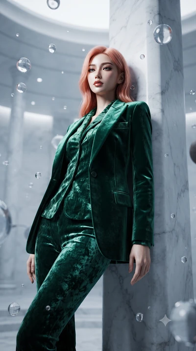 score_9, masterpiece, best quality, ultra-detailed, High-budget Anime Keyframe, editorial fashion photography, tasteful artistic composition, realistic cosplay photography, East Asian woman. Low angle cowboy shot filling the entire 9:16 frame with he