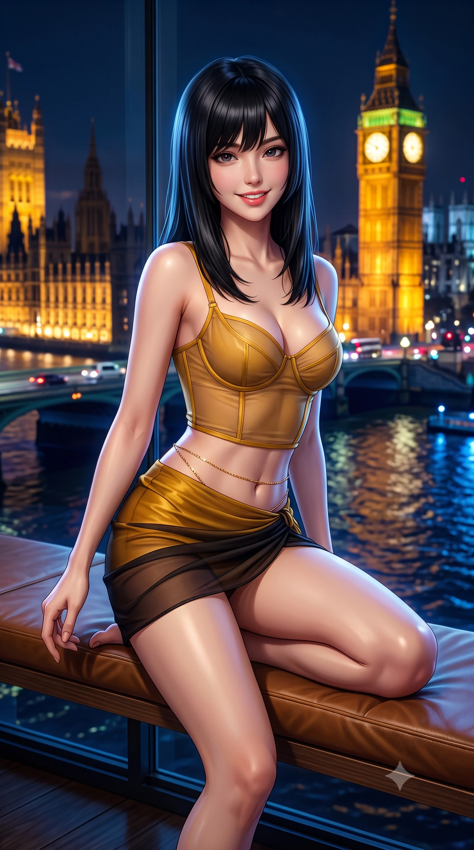 score_9, masterpiece, best quality, ultra-detailed, high-budget anime keyframe, semi-realistic 3D game render, editorial fashion photography, tasteful artistic composition, Caucasian woman. close-up cowboy shot from the waist and thighs up, the character dominates the composition, filling the frame with her large presence. leaning forward while arching her lower back to accentuate her curvy hips, looking into the camera with an intoxicating smoldering gaze and bedroom-eyes while sitting perched on the cantilevered leather window banquette with one knee bent, flashing a radiant, parted-lip smile toward the lens. The background shows a soft-focus golden illuminated clock face and gothic spires of Big Ben, Westminster Bridge vehicle headlights reflecting on dark Thames waves blurred into electric gold, ruby, and sapphire bokeh. She has an exceptionally elegant, slender, and willowy female figure with an ultra-slim waist, flat toned midriff, narrow ribcage, and sculpted feminine hips creating an alluring, slim hourglass silhouette without bulk. sharp v-shaped jawline, high-bridge nose, intricate jewel-like sparkling eyes with depth, thick eyelashes, glossy parted lips with a natural peach sheen, bright cheerful beaming smile with an enchanting and coquettish sensual glint, exuding both youthful cute charm and seductive allure, flawlessly proportioned anatomical accuracy, strict slender model proportions, natural body alignment, perfectly sculpted long slender limbs, ultra-slim waistline, clean dynamic posture without body distortion. wearing a sculpted underwire bustier in sheer golden mesh paired with an ultra-short draped chiffon sarong mini skirt in Hakone steaming sulfur amber and volcanic basalt black, woven from fine semi-opaque stretch illusion mesh tracing her slender contours, accented with a dainty gold belly chain resting across her flat midriff and curving hips, the liquid-tight tailored fabric clinging flawlessly to her narrow waist and rounded feminine hips, emphasizing every millimeter of her sculpted slim hourglass curves without any bulky heaviness. bathed in the breathtaking contrast of golden Westminster architectural floodlights and cool blue river ambient. highly saturated vibrant anime colors, detailed shading with soft gradients, rich glossy textures, high-contrast stereoscopic depth, volumetric dynamic lighting, master piece, 9:16 ratio