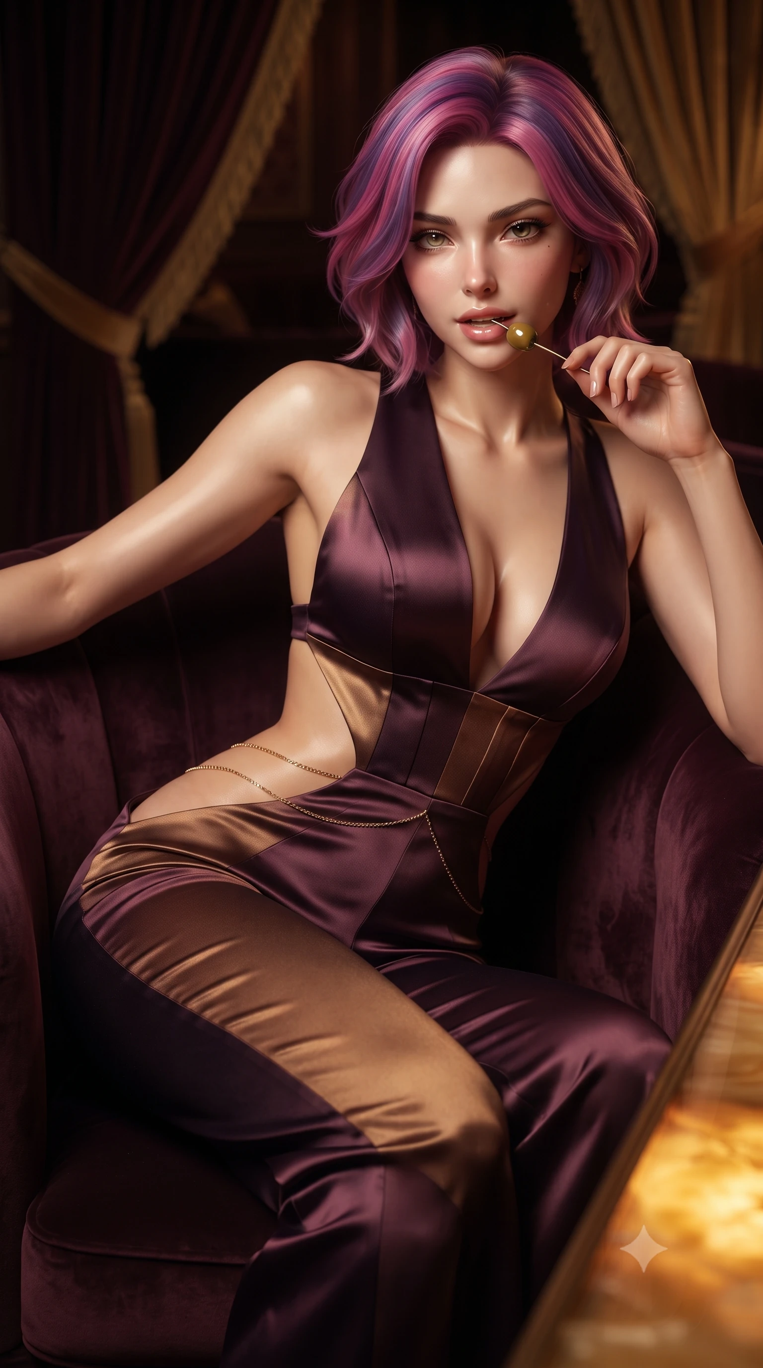 score_9, masterpiece, best quality, ultra-detailed, high-budget anime keyframe, editorial fashion photography, tasteful artistic composition, Caucasian woman. close-up cowboy shot from the waist and thighs up, the character dominates the composition, filling the frame with her large presence. leaning forward while arching her lower back to accentuate her curvy hips, looking into the camera with an intoxicating smoldering gaze and bedroom-eyes while lounging in the deep velvet club armchair with legs crossed, holding a golden cocktail pick near her glossy parted lips. The background shows a soft-focus heavy velvet salon portières softened in historic Riviera gambling salon shallow focus. She has an exceptionally elegant, slender, and willowy female figure with an ultra-slim waist, flat toned midriff, narrow ribcage, and sculpted feminine hips creating an alluring, slim hourglass silhouette without bulk. sharp v-shaped jawline, high-bridge nose, sparkling eyes with hypnotic seductive depth, thick curled eyelashes, glossy parted lips with a natural dewy peach sheen, alluring bedroom-eyes with an enchanting coquettish smile, exuding magnetic siren charisma and sophisticated glamour, flawlessly proportioned anatomical accuracy, strict slender model proportions, natural body alignment, perfectly sculpted long slender limbs, ultra-slim waistline, clean dynamic posture without body distortion. wearing a backless plunge-front silk satin jumpsuit with fluid wide-leg silhouette and side hip cutouts in rich dark plum violet and gilded bronze, tailored from fine structural neoprene with crisp architectural edges and smooth contouring, accented with a dainty gold belly chain resting across her flat midriff and curving hips, the form-contouring silhouette accentuating her sculpted flat midriff, narrow delicate ribcage, and gracefully curvy hips with intoxicating allure. bathed in warm intimate glow radiating upward through the translucent honey-onyx bar top. ultra-reflective glossy finish, specular highlights, rich textural contrasts, high-contrast stereoscopic depth, volumetric dynamic lighting, 2k, ultra detail, master piece, 9:16 ratio