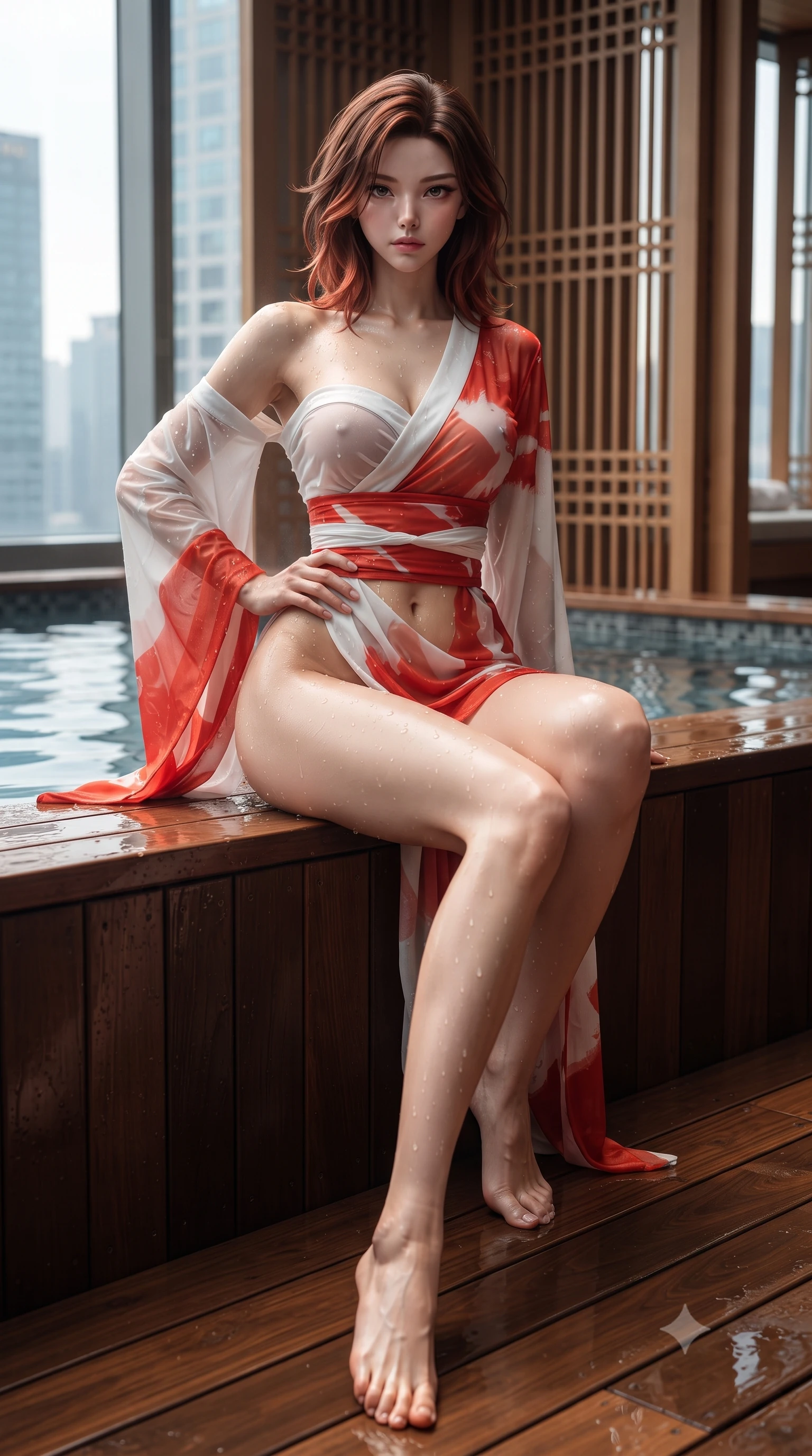 score_9, masterpiece, best quality, ultra-detailed, high-budget anime keyframe, editorial fashion photography, tasteful artistic composition, Korean woman. low angle full-body shot from head to toe showing her feet, filling the entire 9:16 vertical frame with her statuesque presence, stretching her vertical silhouette. sitting perched on the elevated ledge with hips angled toward the camera and legs crossed, displaying her toned midriff and flawlessly sculpted slender limbs while kneeling gracefully on the warm wet cedar deck, one hand resting on her bare hip as thermal steam caresses her feminine curves. The surrounding environment is rendered in vivid detail and crisp panoramic clarity. detailed mineral pool ripple caustics, cedar lattice work, and city skyscraper windows in high clarity. She has an absolutely perfect, statuesque 8.5-heads proportion, an exceptionally tall and slender model-like female figure with impossibly long slender legs, a toned flat midriff, an ultra-slim waist, and beautifully sculpted feminine hips. sharp v-shaped jawline, high-bridge nose, intricate jewel-like eyes with depth, thick eyelashes, glossy parted lips with a natural sheen, intensely captivating and seductive bedroom-eyes expression, flawlessly proportioned anatomical accuracy, strict slender model proportions, natural body alignment, perfectly sculpted long slender limbs, ultra-slim waistline, clean dynamic posture without body distortion. wearing a traditional-modern silk fusion wrap dress with asymmetric trailing sleeves and waist-cinching obi in pure snow white and vermilion red, made of sheer contouring power-mesh panels with anatomical curve lines, accented with water droplets glistening on her bare collarbones and hips, the form-contouring material adhering flawlessly to her sculpted flat midriff and slender torso, emphasizing her long leg lines and perfectly proportioned willowy build. illuminated by wet specular reflections accentuating her sculpted collarbones, narrow waist, and curvy hips. ultra-reflective glossy finish, specular highlights, rich textural contrasts, high-contrast stereoscopic depth, volumetric dynamic lighting, 2k, ultra detail, master piece, 9:16 ratio