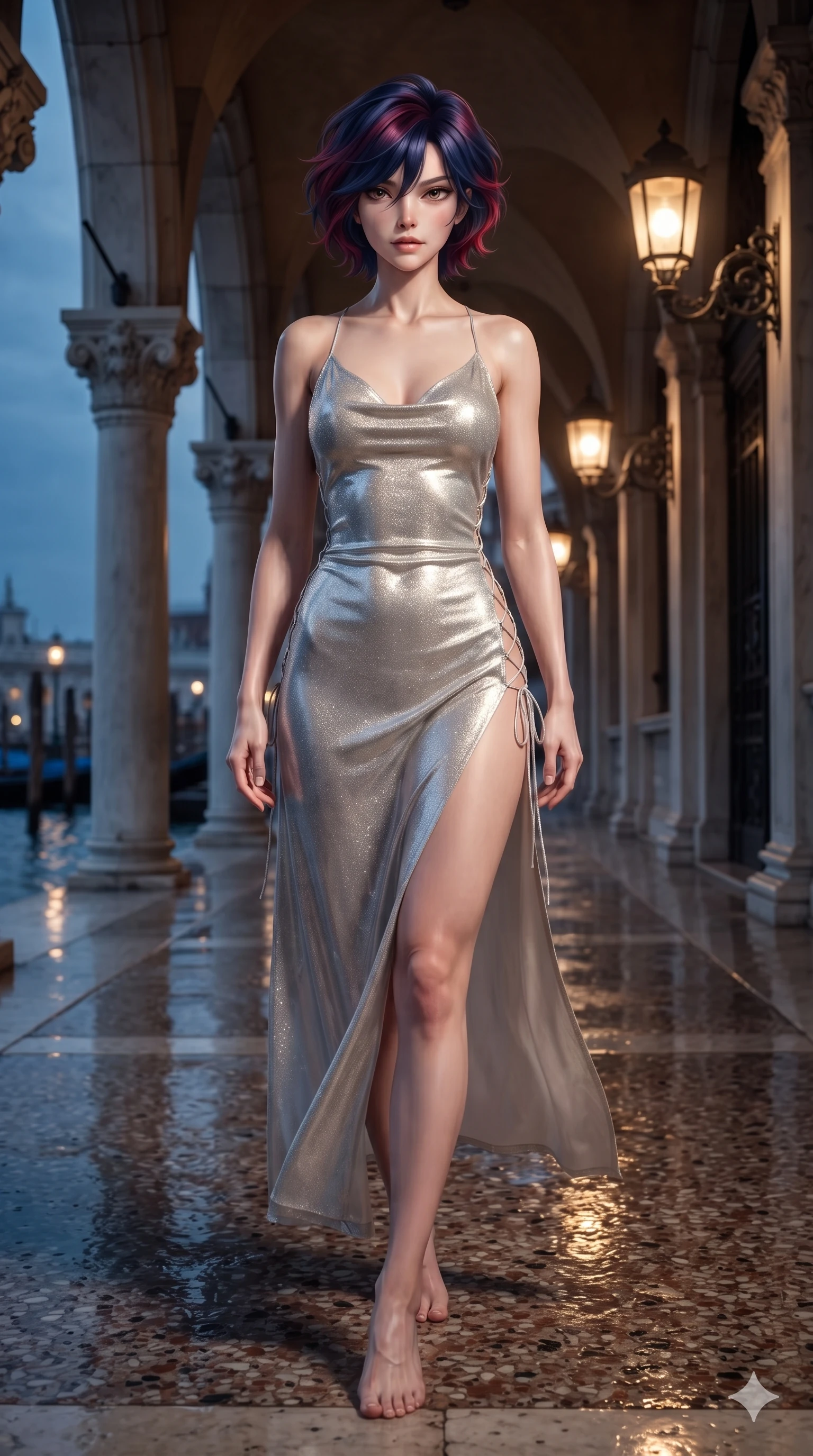score_9, masterpiece, best quality, ultra-detailed, high-budget anime keyframe, editorial fashion photography, tasteful artistic composition, Korean woman. low angle full-body shot from head to toe showing her feet, filling the entire 9:16 vertical frame with her statuesque presence, stretching her vertical silhouette. stepping slowly toward the camera with hypnotic grace, hips swaying in an alluring sensual rhythm that accentuates her curvy hourglass silhouette and long slender legs while twisting her slender torso in an alluring S-curve, glowing lantern light and cool lagoon reflections painting sharp highlights along her flat midriff and hourglass curves. The surrounding environment is rendered in vivid detail and crisp panoramic clarity: sharp fluted marble column chisel marks, polished terrazzo pavement reflections, and ornate wrought-iron lantern brackets in deep focus. She has an exceptionally tall and slender model-like 8.5-heads proportion, an ultra-slim waist, a flat toned midriff, narrow delicate ribcage, and beautifully sculpted feminine hips creating a graceful, slim hourglass silhouette without any bulky heaviness, with impossibly long slender legs. sharp v-shaped jawline, high-bridge nose, intricate jewel-like sparkling eyes with depth, thick eyelashes, glossy parted lips with a natural sheen, intensely captivating and seductive bedroom-eyes expression, exuding both youthful cute charm and sovereign luxury allure, flawlessly proportioned anatomical accuracy, strict slender model proportions, natural body alignment, perfectly sculpted long slender limbs, ultra-slim waistline, clean dynamic posture without body distortion. wearing a form-contouring gossamer silk chiffon slip dress with a hip-high slit and open cowl back clinging with dewy moisture in shimmering silver mercury and pearl white, crafted from luxurious metallic lamé that shifts radiance with every step, featuring fine criss-cross lace-up side ties revealing tantalizing glimpses of her hip curve, the precision-cut side openings and low-back scoop framing her graceful spine and the sensual sweep of her slim, toned hips. bathed in the romantic atmospheric contrast of warm 2500K lantern glow beneath the arches and deep indigo twilight outside. ultra-reflective glossy finish, specular highlights, rich textural contrasts, high-contrast stereoscopic depth, volumetric dynamic lighting, 2k, ultra detail, master piece, 9:16 ratio