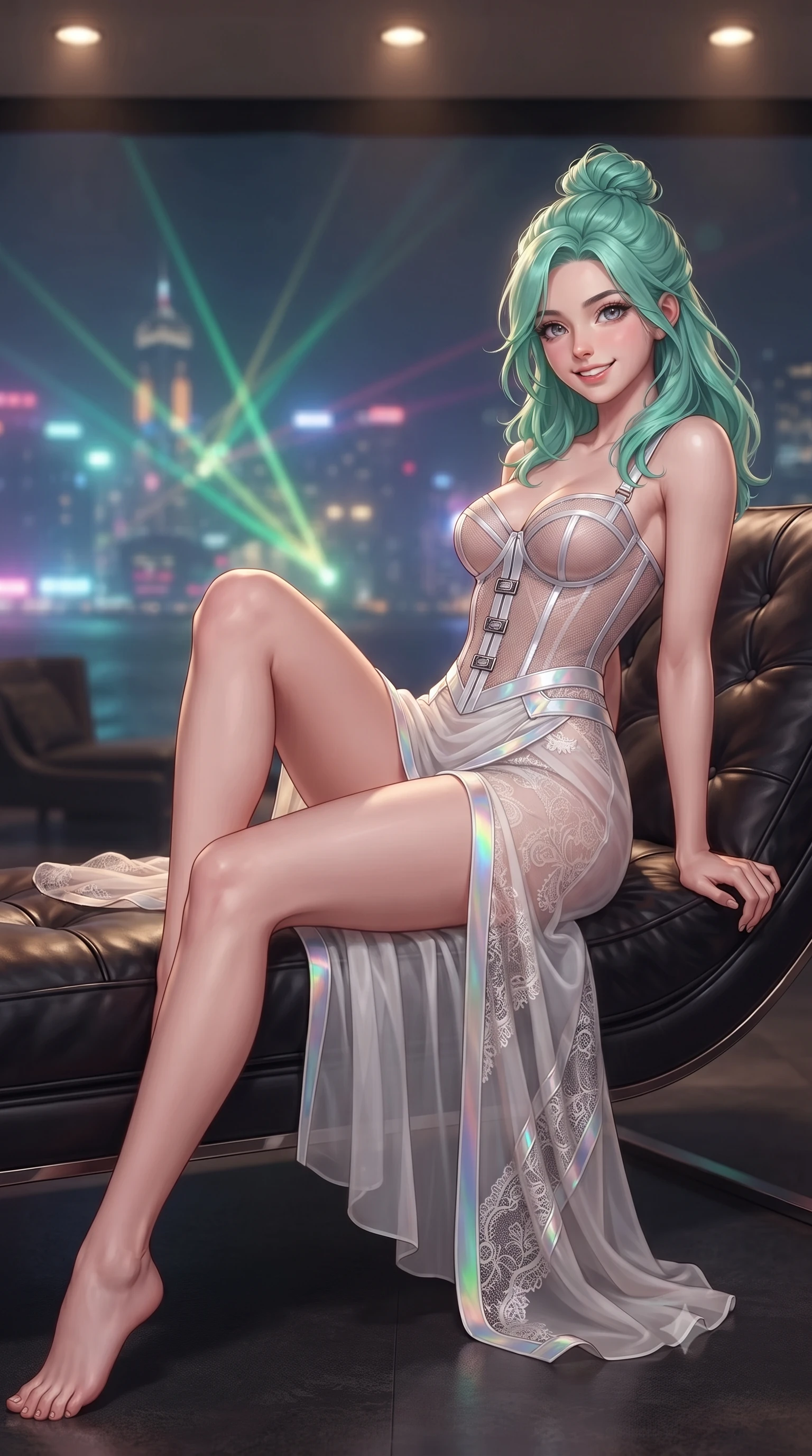 score_9, masterpiece, best quality, ultra-detailed, high-budget anime keyframe, editorial fashion photography, tasteful artistic composition, Japanese woman. close-up cowboy shot from the waist and thighs up, the character dominates the composition, filling the frame with her large presence. perched sideways on the lounge seat, one knee drawn up to showcase her slender leg line while her arched back accentuates her feminine hip curve while lounging gracefully across the custom leather chaise propped on one elbow with legs extended, displaying her long slender limbs and statuesque hourglass silhouette against the misty neon harbor. The background shows a soft-focus infinite tapestry of neon skyscraper spires emerging from sea fog, laser light show beams across the harbor, blurred into emerald, rose, and gold bokeh. She has an exceptionally elegant, slender, and willowy female figure with an ultra-slim waist, flat toned midriff, narrow ribcage, and sculpted feminine hips creating an alluring, slim hourglass silhouette without bulk. sharp v-shaped jawline, high-bridge nose, intricate jewel-like sparkling eyes with depth, thick eyelashes, glossy parted lips with a natural peach sheen, bright cheerful beaming smile with an enchanting and coquettish sensual glint, exuding both youthful cute charm and seductive allure, flawlessly proportioned anatomical accuracy, strict slender model proportions, natural body alignment, perfectly sculpted long slender limbs, ultra-slim waistline, clean dynamic posture without body distortion. wearing a provocative translucent mesh corset bodice with boned satin channels paired with a sheer chiffon wrap maxi skirt in holographic prismatic pearl and aerospace white, made of delicate semi-sheer French Chantilly lace with intricate eyelash edges, finished with sleek magnetic buckle closures fluttering in the breeze, the glove-like clinging cut tightly following the natural contour of her hips and long slender legs with youthful 8.5-heads elegance. bathed in warm 2700K recessed ceiling spotlights combined with the cool multi-colored nightscape radiance of the harbor. ultra-reflective glossy finish, specular highlights, rich textural contrasts, high-contrast stereoscopic depth, volumetric dynamic lighting, 2k, ultra detail, master piece, 9:16 ratio