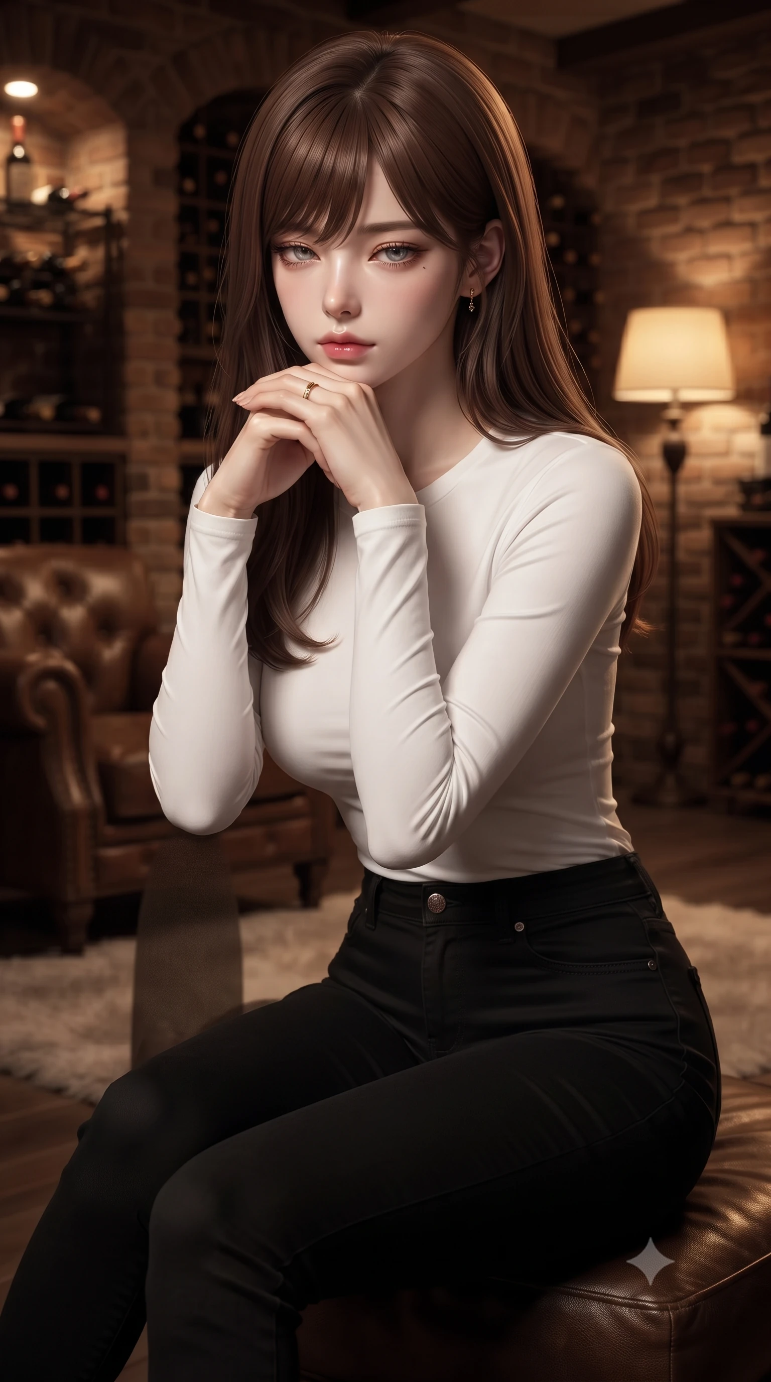 score_9, masterpiece, best quality, ultra-detailed, high-budget anime keyframe, editorial fashion photography, tasteful artistic composition, Korean woman woman. close-up cowboy shot from the waist and thighs up, the character dominates the composition, filling the frame with her large presence, background elements kept in soft focus. resting her chin on the backs of her fingers, casting a heavy-lidded, sultry look past the camera the background shows a soft-focus a dimly lit brick-walled wine cellar with leather armchairs and soft rugs. She has an exceptionally elegant, slender, and willowy female figure with an ultra-slim waist, a gracefully sculpted slender torso, and a refined silhouette. sharp v-shaped jawline, high-bridge nose, intricate jewel-like eyes with depth, thick eyelashes, glossy lips with a natural sheen. wearing a form-contouring tight-fitting long-sleeve tee in pure white, tucked into high-waisted black skinny pants. warm yellow lamplight casting cozy, soft shadows on the brick arches. ultra-reflective glossy finish, specular highlights, metallic sheen, high-contrast stereoscopic depth, volumetric dynamic lighting, 2k, ultra detail, master piece, 9:16 ratio