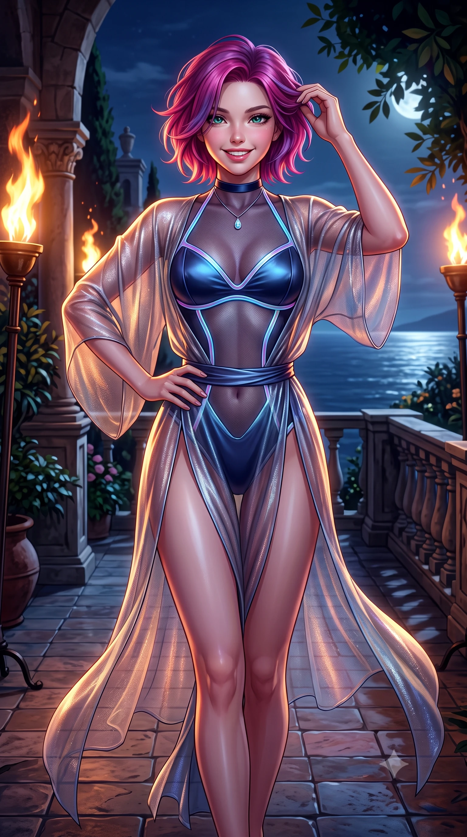 score_9, masterpiece, best quality, ultra-detailed, high-budget anime keyframe, semi-realistic 3D game render, editorial fashion photography, tasteful artistic composition, Caucasian woman. close-up cowboy shot from the waist and thighs up, the character dominates the composition, filling the frame with her large presence. twisting her slender torso in an alluring contrapposto stance, one hand resting on her sculpted hip while her fingers toy with her hair with effortless poise while walking slowly along the tiled terrace with tall model strides, evening sea breezes molding her sheer gown to her slender legs. The surrounding environment is rendered in vivid detail and crisp panoramic clarity: detailed sheer metallic-threaded gossamer caftan drape, micro satin bralette cling, and historic Amalfi stonecraft in high resolution. She has an exceptionally elegant, slender, and willowy female figure with an ultra-slim waist, flat toned midriff, narrow ribcage, and sculpted feminine hips creating an alluring, slim hourglass silhouette without bulk. sharp v-shaped jawline, high-bridge nose, intricate jewel-like sparkling eyes with depth, thick eyelashes, glossy parted lips with a natural peach sheen, bright cheerful beaming smile with an enchanting and coquettish sensual glint, exuding both youthful cute charm and seductive allure, flawlessly proportioned anatomical accuracy, strict slender model proportions, natural body alignment, perfectly sculpted long slender limbs, ultra-slim waistline, clean dynamic posture without body distortion. wearing a provocative cyber-mesh sheer bodysuit with luminescent holographic fiber piping contouring her hourglass frame in Thames nocturnal sapphire and liquid platinum, crafted from fluid liquid silk satin that clings smoothly to her narrow waist and rounded hips with a dewy sheen, finished with a thin velvet ribbon choker and a single teardrop diamond pendant, the high-slit wrap tailoring accentuating her ultra-slim waistline and the enchanting curve of her feminine hips with alluring seductive charm. bathed in the dramatic warm 2100K flame glow of dancing oil torches mixed with cool Mediterranean sea moonlight. highly saturated vibrant anime colors, detailed shading with soft gradients, rich glossy textures, high-contrast stereoscopic depth, volumetric dynamic lighting, master piece, 9:16 ratio