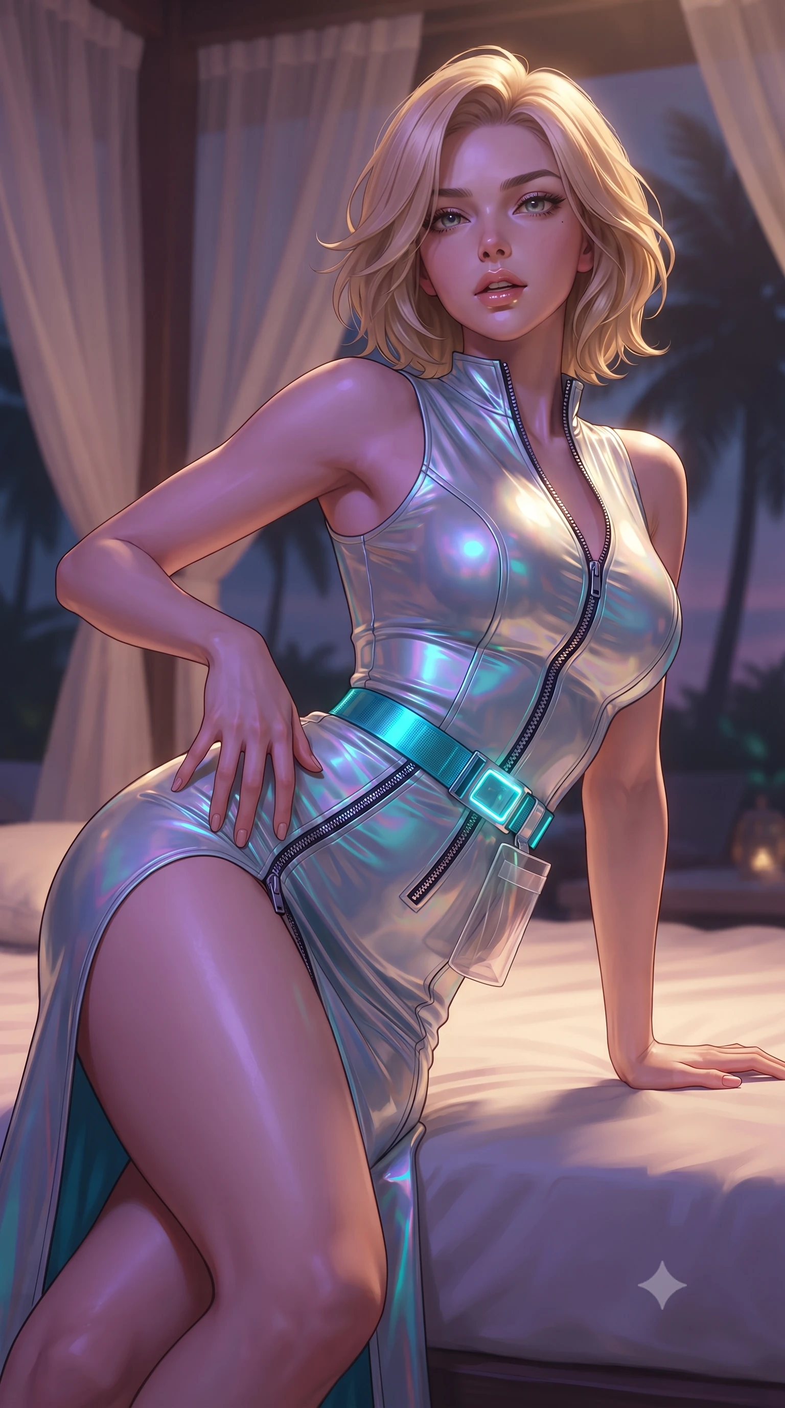 score_9, masterpiece, best quality, ultra-detailed, high-budget anime keyframe, editorial fashion photography, tasteful artistic composition, Caucasian woman. close-up cowboy shot from the waist and thighs up, the character dominates the composition, filling the frame with her large presence. arching her spine backward with effortless dancer poise, one hand sliding along her hip line as directional light carves specular highlights along her silhouette while lounging in a private VIP cabana bed propped on one hip, parted lips glistening as purple and cyan neon reflections wash over her body. The composition keeps background elements in soft focus with creamy bokeh. sheer cabana drapes and tropical palm silhouettes softened in moody shallow focus. She has an exceptionally elegant, slender, and willowy female figure with an ultra-slim waist, a gracefully sculpted slender torso, toned flat midriff, and rounded feminine hips creating an alluring hourglass silhouette. sharp v-shaped jawline, high-bridge nose, intricate jewel-like eyes with depth, thick eyelashes, glossy parted lips with a natural sheen, intensely captivating and seductive bedroom-eyes expression, flawlessly proportioned anatomical accuracy, strict slender model proportions, natural body alignment, perfectly sculpted long slender limbs, ultra-slim waistline, clean dynamic posture without body distortion. wearing a form-contouring vinyl track dress with diagonal zipper detailing and an ultra-high side slit in holographic silver and electric cyan, made of seamless compression knit with anatomical curves sculpting, finished with a neon LED belt buckle and translucent vinyl tool pouch, the liquid-tight tailored fabric clinging flawlessly to her narrow waist and rounded feminine hips, emphasizing every millimeter of her sculpted hourglass curves during movement. illuminated by wet specular bounce lights accentuating her feminine waist-to-hip hourglass contour. ultra-reflective glossy finish, specular highlights, rich textural contrasts, high-contrast stereoscopic depth, volumetric dynamic lighting, 2k, ultra detail, master piece, 9:16 ratio