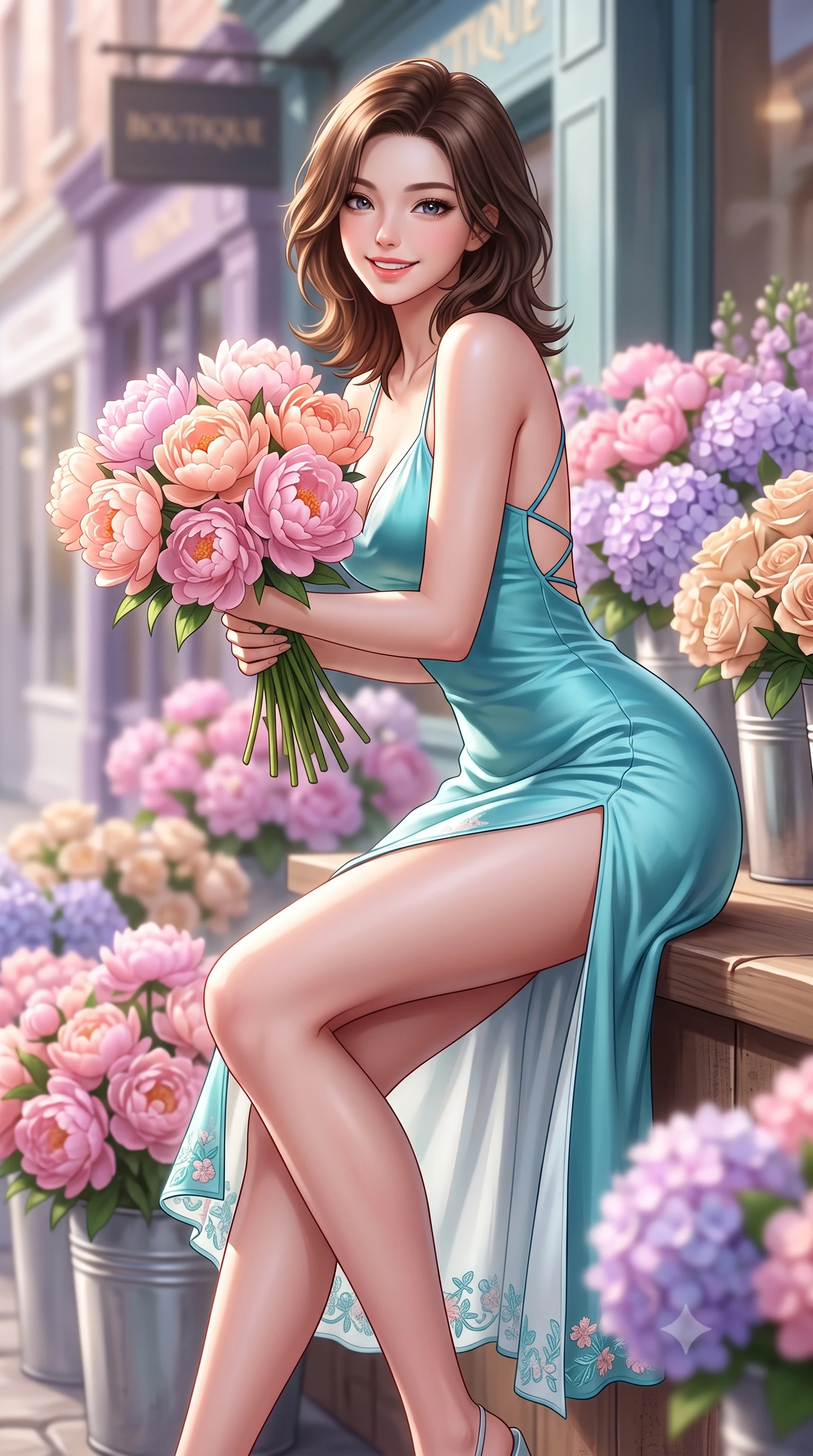 score_9, masterpiece, best quality, ultra-detailed, high-budget anime keyframe, semi-realistic 3D game render, editorial fashion photography, tasteful artistic composition, Korean woman. close-up cowboy shot from the waist and thighs up, the character dominates the composition, filling the frame with her large presence. leaning forward with playful cute grace while arching her lower back to accentuate her curvy hips, looking into the camera with a bright cheerful smile and alluring coquettish bedroom-eyes while sitting perched on the boutique terrace ledge with legs crossed, holding a bouquet of fresh peonies with a radiant, coquettish expression. The composition keeps background elements in soft focus with dreamy creamy bokeh. vibrant peony and hydrangea flower buckets and chic designer storefronts blurred into pastel pink, lavender, and champagne bokeh. She has an exceptionally elegant, slender, and willowy female figure with an ultra-slim waist, flat toned midriff, narrow ribcage, and sculpted feminine hips creating an alluring, slim hourglass silhouette without bulk. sharp v-shaped jawline, high-bridge nose, intricate jewel-like sparkling eyes with depth, thick eyelashes, glossy parted lips with a natural peach sheen, bright cheerful beaming smile with an enchanting and coquettish sensual glint, exuding both youthful cute charm and seductive allure, flawlessly proportioned anatomical accuracy, strict slender model proportions, natural body alignment, perfectly sculpted long slender limbs, ultra-slim waistline, clean dynamic posture without body distortion. wearing a breezy silk-satin slip dress featuring a thigh-high side slit ascending to the high hip and criss-cross back straps in ocean turquoise and sea-salt white, tailored from fine lightweight chiffon that flutters gently in the breeze, complemented by delicate embroidered floral trim along the hem, the form-fitting cut adhering flawlessly to her sculpted flat midriff and slender torso, emphasizing her long leg lines and perfectly proportioned willowy build. illuminated by crisp directional highlights accentuating her sculpted midriff, narrow waist, and curvy hips. highly saturated vibrant anime colors, detailed shading with soft gradients, rich glossy textures, high-contrast stereoscopic depth, volumetric dynamic lighting, master piece, 9:16 ratio