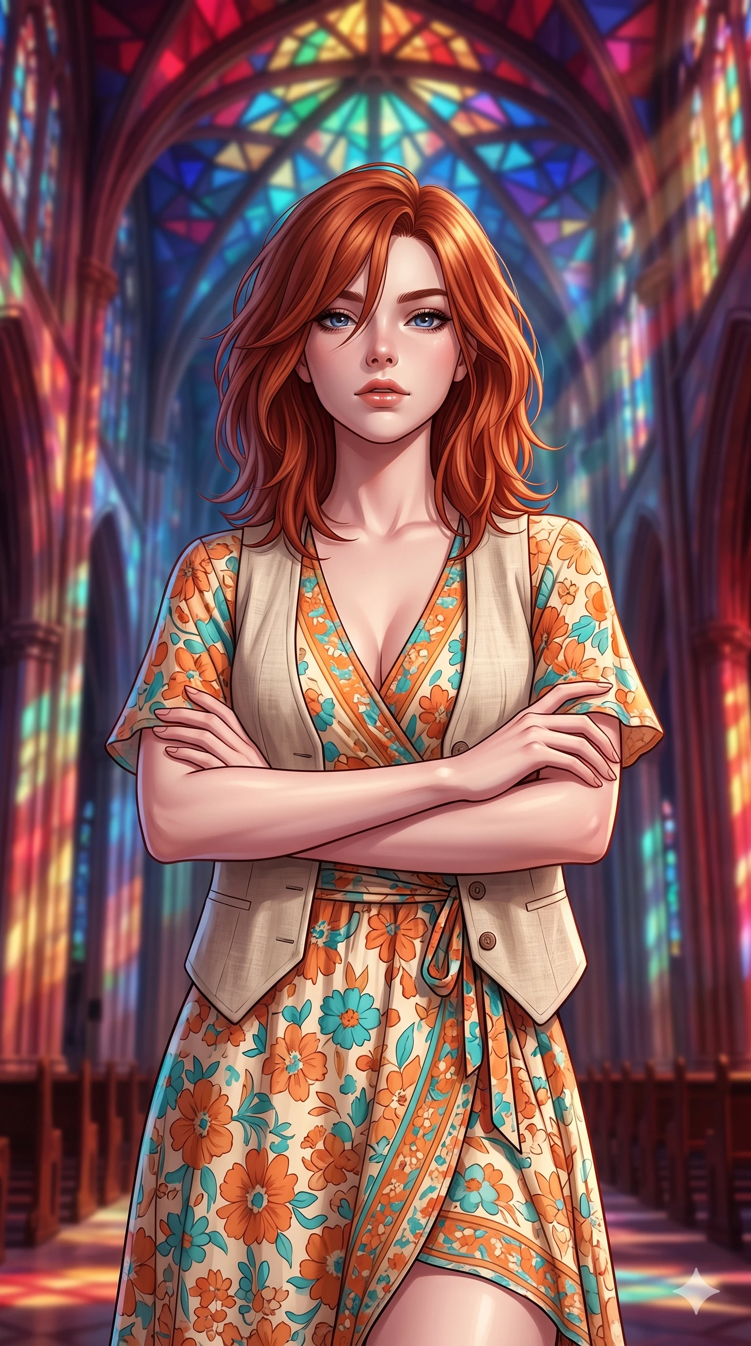 score_9, masterpiece, best quality, ultra-detailed, high-budget anime keyframe, editorial fashion photography, tasteful artistic composition, Korean woman. close-up cowboy shot from the waist and thighs up, the character dominates the composition, filling the frame with her large presence, background elements kept in soft focus. Crossing her arms with serene confidence and chin slightly raised. set against a soft-focus background of a massive cathedral whose walls and vaulted ceiling are constructed entirely from intersecting beams of colored structured light forming geometric stained-glass patterns that hover without physical support. She has an exceptionally elegant and slender, willowy female figure with an ultra-slim waist, a gracefully sculpted slender torso, and a refined slim physique. sharp v-shaped jawline, high-bridge nose, intricate jewel-like eyes with depth, thick eyelashes, glossy lips with a natural sheen. wearing a bohemian wrap dress in a sun-drenched floral pattern of orange, turquoise, and cream, layered with a light beige linen vest. the light-beam walls themselves radiate in deep ruby sapphire blue emerald and gold creating an interior bathed in rich intersecting colored light from every direction. 2k, ultra detail, master piece, 9:16 ratio