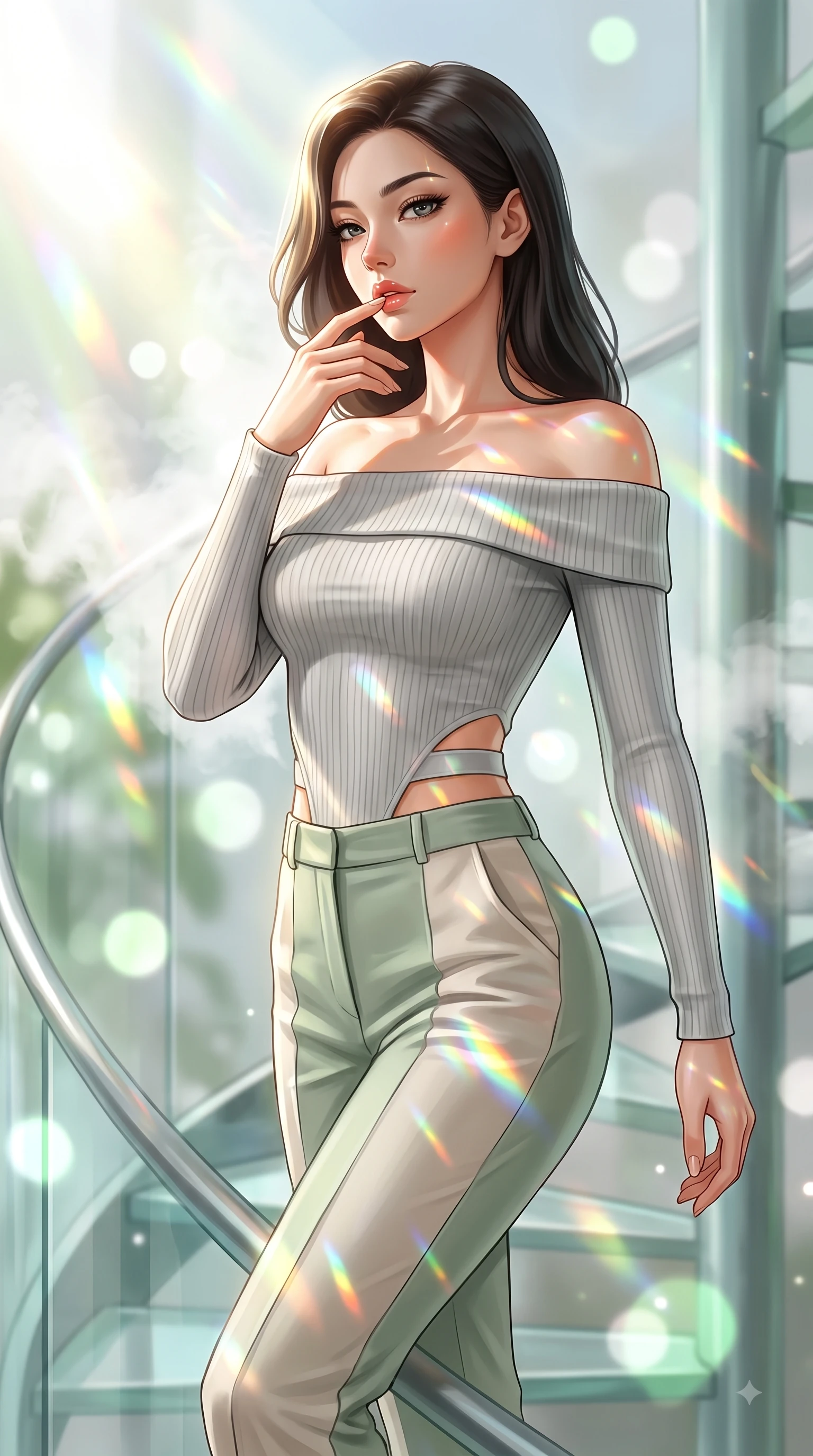 score_9, masterpiece, best quality, ultra-detailed, high-budget anime keyframe, editorial fashion photography, tasteful artistic composition, Japanese woman. close-up cowboy shot from the waist and thighs up, the character dominates the composition, filling the frame with her large presence, background elements kept in soft focus. Resting two fingers near her glossy lips, casting a sharp mysterious side-gaze during her dynamic motion while ascending a vertical glass spiral staircase enveloped by tropical volumetric sunbeams, steam clouds refracting sunlight into brilliant rainbow prisms around her form. She has an exceptionally elegant, slender, and willowy female figure with an ultra-slim waist, a gracefully sculpted slender torso, and a refined silhouette. sharp v-shaped jawline, high-bridge nose, intricate jewel-like eyes with depth, thick eyelashes, glossy lips with a natural sheen, flawlessly proportioned anatomical accuracy, natural body alignment, perfectly sculpted elegant limbs, clean dynamic posture without body distortion. wearing a sleek off-shoulder ribbed knit top paired with high-waist tailored pants in sage green and oatmeal, crafted from smooth liquid silk, featuring subtle geometric cutouts that highlight her ultra-slim midriff, the sleek second-skin texture accentuating her magnetic presence. surrounded by a bright, airy ambiance with radiant white and green highlights. ultra-reflective glossy finish, specular highlights, metallic sheen, high-contrast stereoscopic depth, volumetric dynamic lighting, 2k, ultra detail, master piece, 9:16 ratio