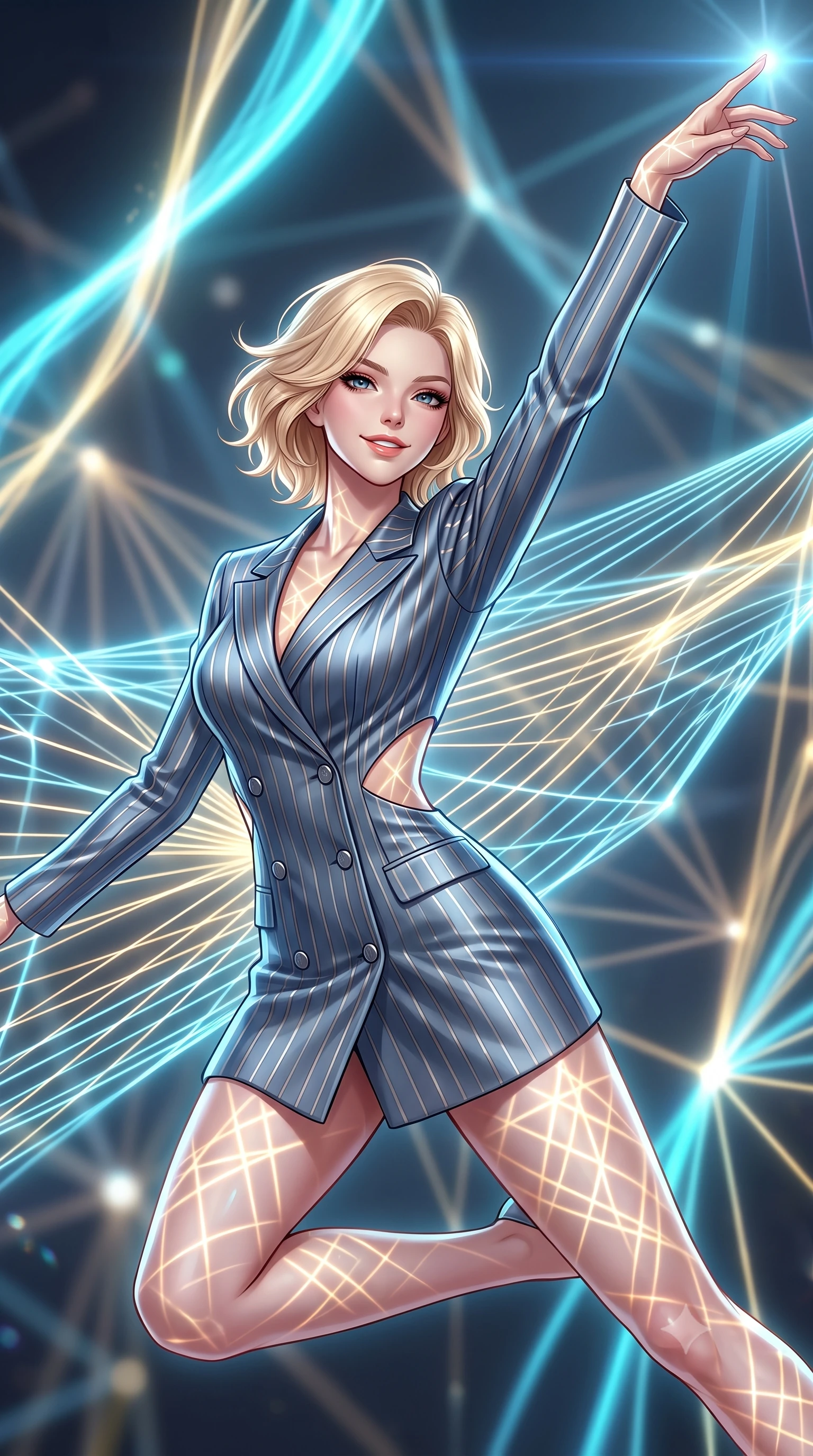 score_9, masterpiece, best quality, ultra-detailed, high-budget anime keyframe, editorial fashion photography, tasteful artistic composition, Caucasian woman. close-up cowboy shot from the waist and thighs up, the character dominates the composition, filling the frame with her large presence, background elements kept in soft focus. Extending one arm in an elegant stretch toward the light while smiling with magnetic self-assurance while leaping across a geometric light matrix with glowing filament threads fluttering behind her, intricate geometric lattice patterns of light projected onto her skin. She has an exceptionally elegant, slender, and willowy female figure with an ultra-slim waist, a gracefully sculpted slender torso, and a refined silhouette. sharp v-shaped jawline, high-bridge nose, intricate jewel-like eyes with depth, thick eyelashes, glossy lips with a natural sheen, flawlessly proportioned anatomical accuracy, natural body alignment, perfectly sculpted elegant limbs, clean dynamic posture without body distortion. wearing a double-breasted blazer dress with subtle metallic pin-stripes in slate blue and metallic silver, crafted from lustrous satin jersey with fluid draping, featuring subtle geometric cutouts that highlight her ultra-slim midriff, the form-contouring material highlighting her ultra-slim waist and long lines. illuminated by the brilliant glow of cyan and gold luminescent plasma ribbons. highly saturated vibrant anime colors, detailed shading with soft gradients, rich glossy textures, high-contrast stereoscopic depth, volumetric dynamic lighting, master piece, 9:16 ratio