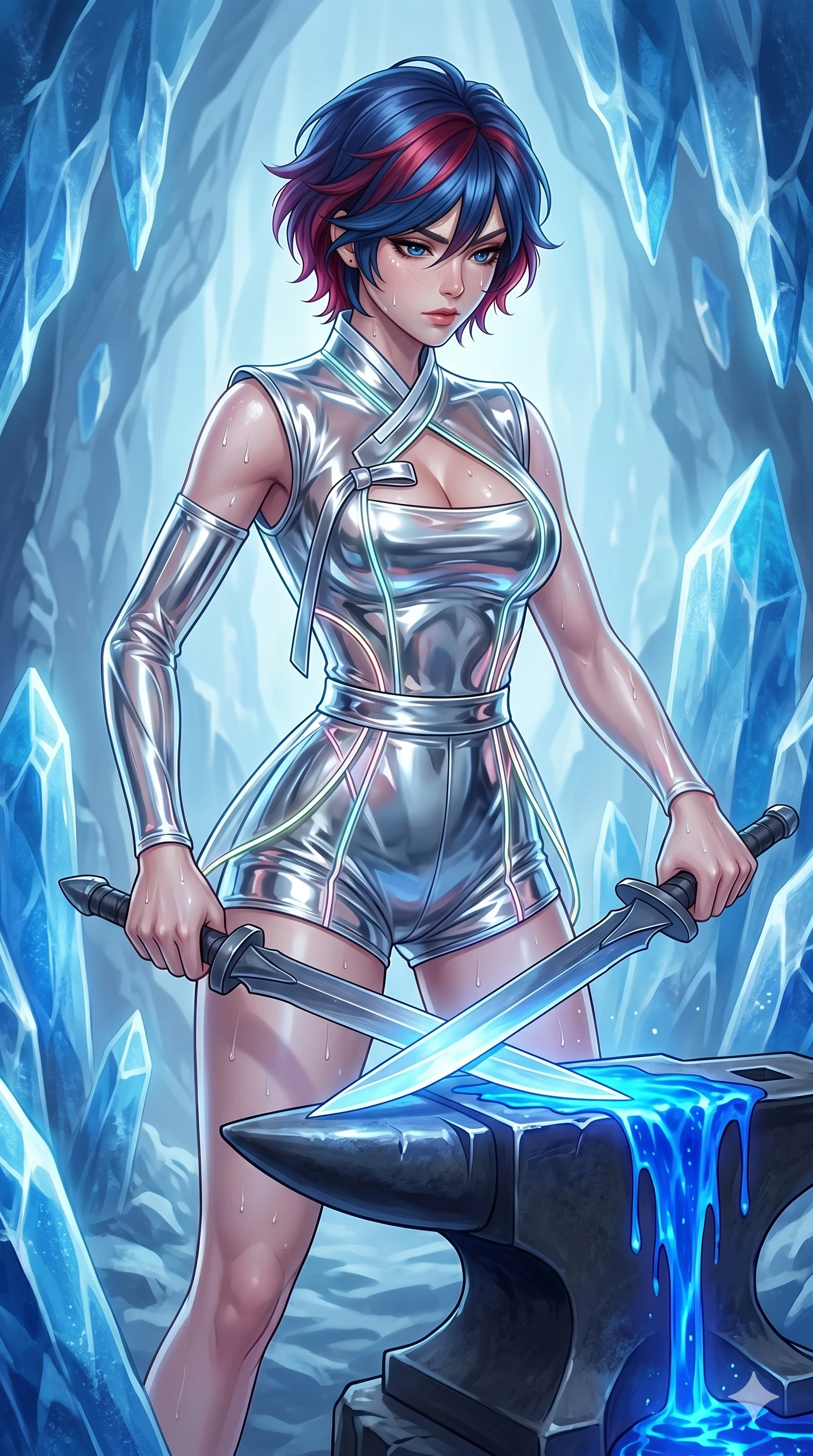 score_9, masterpiece, best quality, ultra-detailed, high-budget anime keyframe, Korean woman. upper body close-up from the thighs up, character filling the screen for maximum presence. forging in a prismatic ice-volcano temple where glowing cobalt-blue liquid magma flows between frozen blue ash crystals. She has an absolutely perfect 8-heads proportion, an exceptionally tall and slender female figure with impossibly long slender legs and an ultra-slim waist. V-shaped jawline, high-bridge nose, intricate jewel-like eyes with depth, thick eyelashes, glossy lips with a natural sheen.. wearing a vinyl liquid mercury fusion hanbok, featuring a translucent chrome-silver vinyl jeogori and high-waist micro-shorts, detailed with glowing neon wire trims and a tasteful chest slit. lit by a soft glowing ambient light and a sharp side key light that traces the sleek contours of her athletic build. 2k, ultra detail, master piece, 9:16 ratio