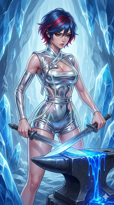 score_9, masterpiece, best quality, ultra-detailed, high-budget anime keyframe, Korean woman. upper body close-up from the thighs up, character filling the screen for maximum presence. forging in a prismatic ice-volcano temple where glowing cobalt-bl