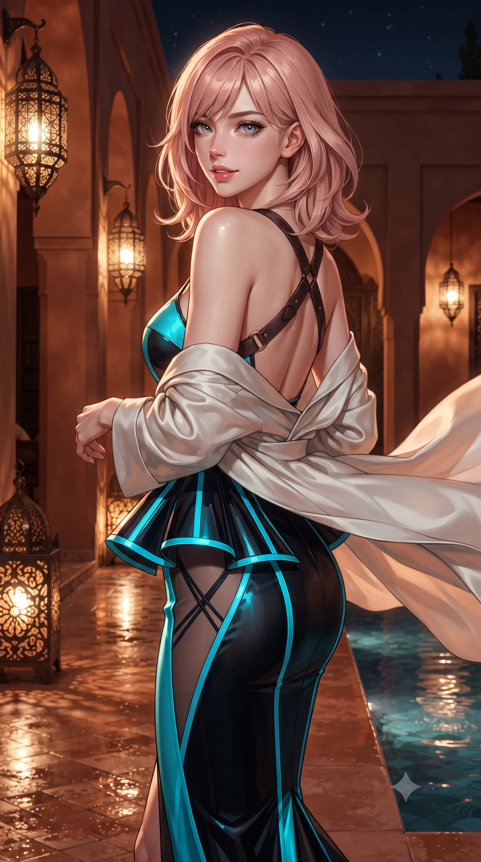 score_9, masterpiece, best quality, ultra-detailed, high-budget anime keyframe, editorial fashion photography, tasteful artistic composition, Japanese woman. close-up cowboy shot from the waist and thighs up, the character dominates the composition, filling the frame with her large presence. turning over a bare shoulder with an intoxicating, teasing smile, her soft hair framing her sharp jawline as her hips angle gracefully while gliding down the terracotta courtyard colonnade, her lightweight silk robe billowing in the warm night air to reveal her slender model waist. The surrounding environment is rendered in vivid detail and crisp panoramic clarity. detailed brass lantern filigree, silk fabric sheen, and pool water surface tension in high clarity. She has an exceptionally elegant, slender, and willowy female figure with an ultra-slim waist, flat toned midriff, narrow ribcage, and sculpted feminine hips creating an alluring, slim hourglass silhouette without bulk. sharp v-shaped jawline, high-bridge nose, intricate jewel-like eyes with depth, thick eyelashes, glossy parted lips with a natural sheen, intensely captivating and seductive bedroom-eyes expression, flawlessly proportioned anatomical accuracy, strict slender model proportions, natural body alignment, perfectly sculpted long slender limbs, ultra-slim waistline, clean dynamic posture without body distortion. wearing a structural geometric peplum gown with sheer side-ribbon cutouts and form-fitting skirt in neon electric cyan and lacquer black, made of fluid silk crepe with delicate inner corsetry boning, featuring an open-back criss-cross harness strap in dark leather, the form-contouring material adhering flawlessly to her sculpted flat midriff and slender torso, emphasizing her long leg lines and perfectly proportioned willowy build. illuminated by wet specular pool highlights accentuating her slender neckline, narrow waist, and curvy hips. ultra-reflective glossy finish, specular highlights, rich textural contrasts, high-contrast stereoscopic depth, volumetric dynamic lighting, 2k, ultra detail, master piece, 9:16 ratio