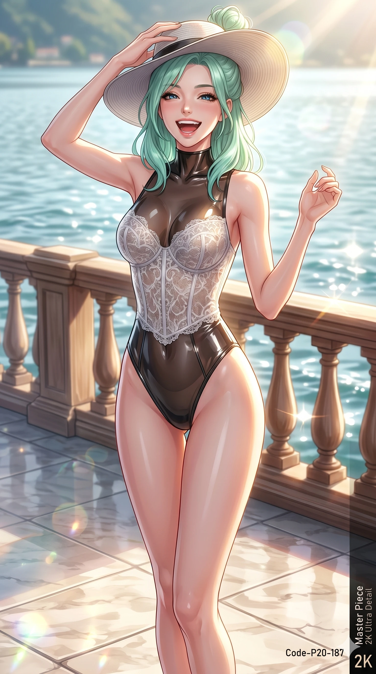 score_9, masterpiece, best quality, ultra-detailed, high-budget anime keyframe, vibrant anime aesthetic, Japanese woman. cowboy shot from the thighs up, character and outfit filling the frame for maximum presence. She is laughing cheerfully while adjusting her hat in the bright afternoon sun by a lakeside promenade under warm sun (Code-P20-187). She has an absolutely perfect 8-heads proportion, an exceptionally tall and slender female figure with impossibly long slender legs and an ultra-slim waist. V-shaped jawline, high-bridge nose, intricate jewel-like eyes with depth, thick eyelashes, glossy lips with a natural sheen. wearing a semi-opaque lace corset over a transparent wet-look polymer bodysuit with high-cut leg lines. She is bathed in bright volumetric sunlight that highlights her V-shaped jawline and glossy lips. 2k, ultra detail, master piece, 9:16 ratio